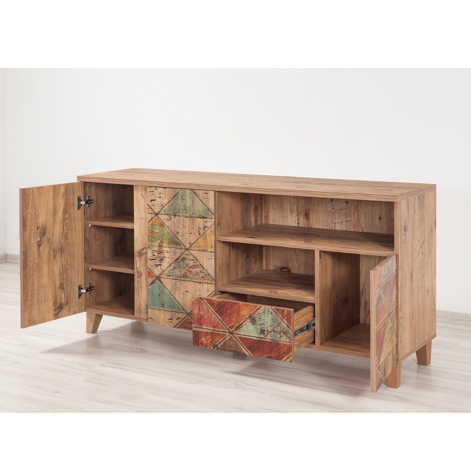 Suporte de TV moderno com acabamento em pinho atlântico, 160 cm | 100% revestido em melamina, revestimento UV, corrediças telescópicas para gavetas, montagem na parede, design elegante e funcional