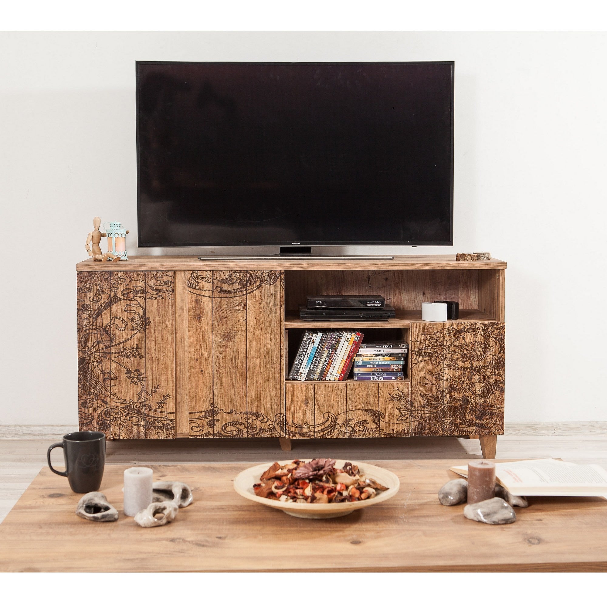 Suporte de TV moderno com acabamento em pinho atlântico, 160 cm | 100% revestido em melamina, pernas de madeira, revestimento UV, gavetas telescópicas, montagem na parede, armazenamento elegante
