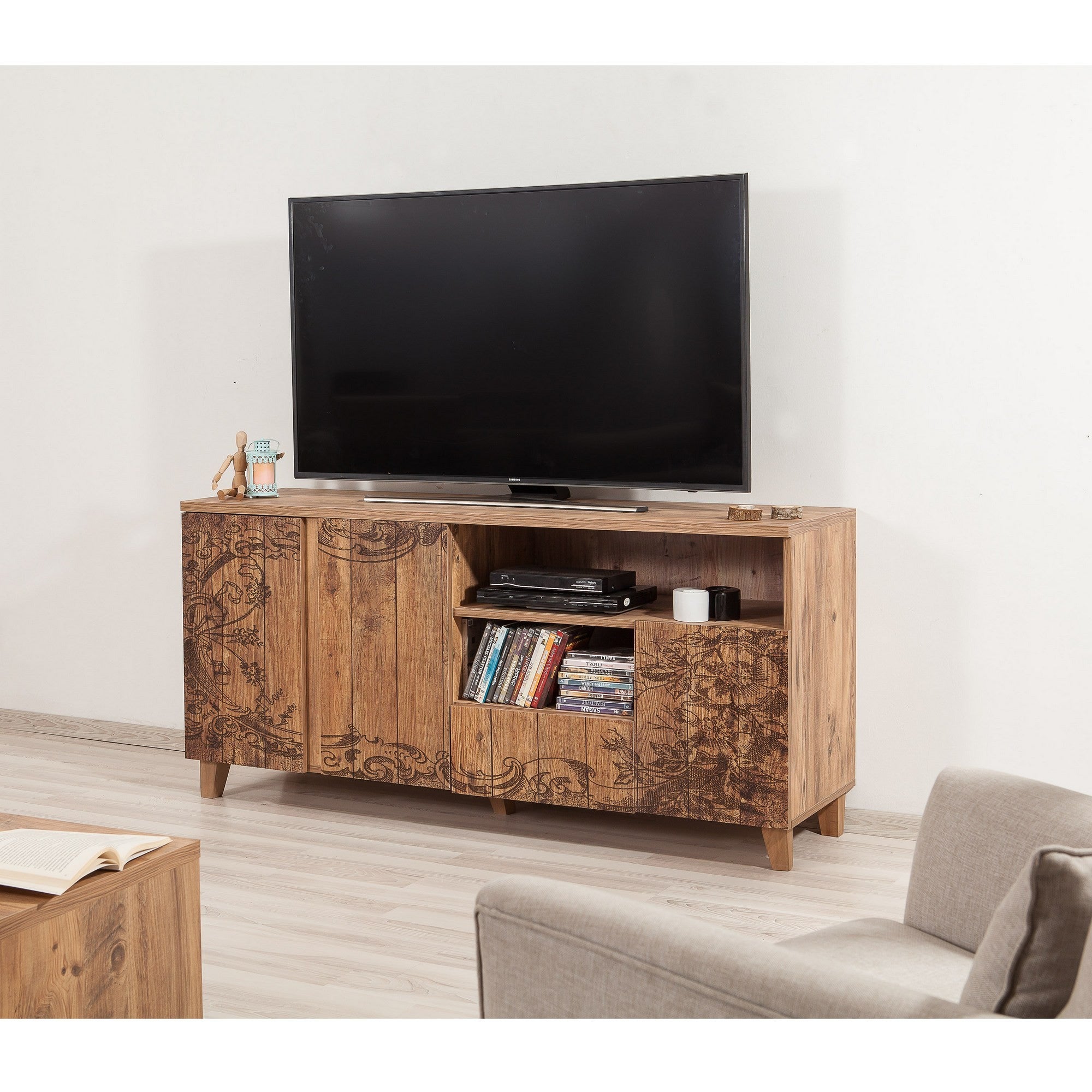 Suporte de TV moderno com acabamento em pinho atlântico, 160 cm | 100% revestido em melamina, pernas de madeira, revestimento UV, gavetas telescópicas, montagem na parede, armazenamento elegante