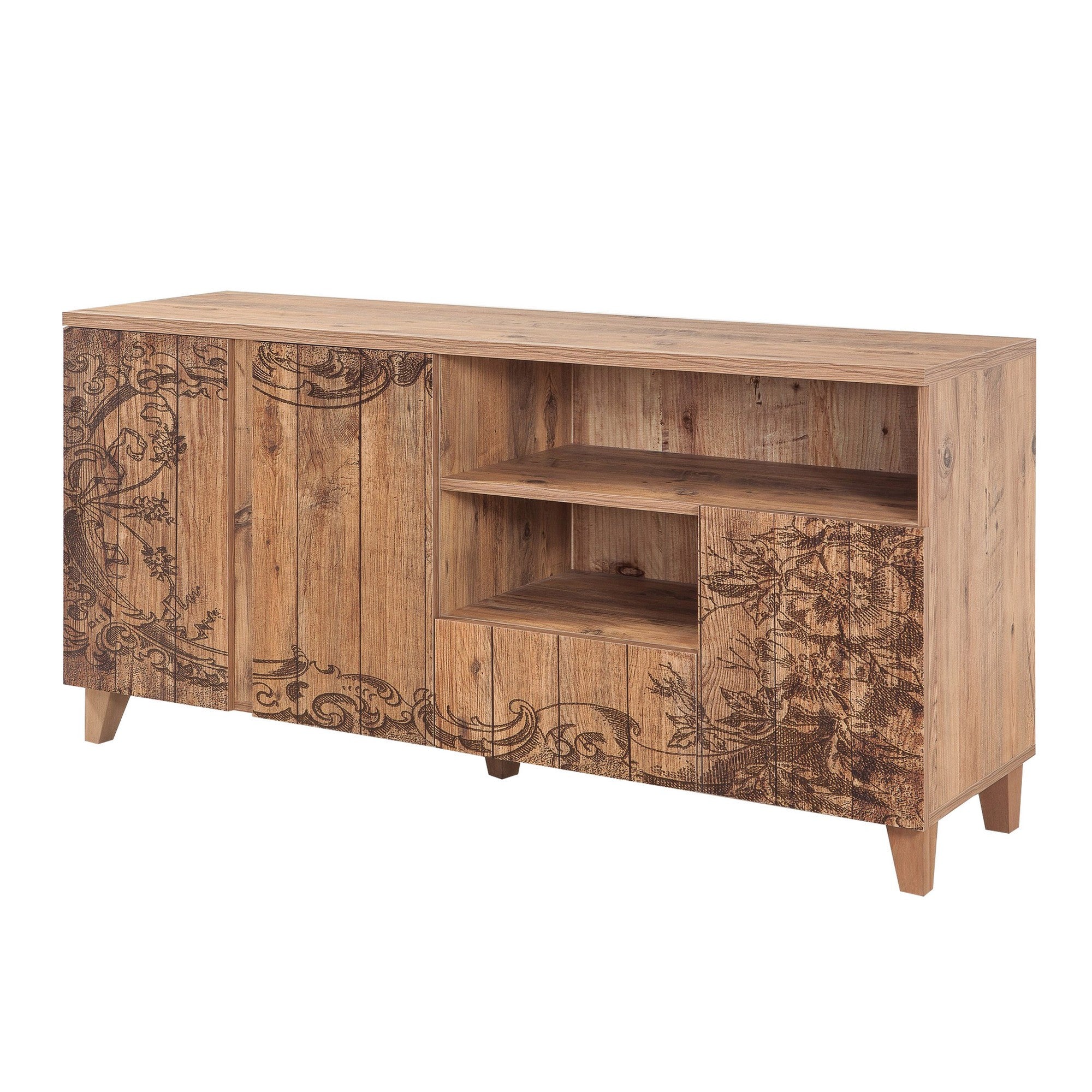 Suporte de TV moderno com acabamento em pinho atlântico, 160 cm | 100% revestido em melamina, pernas de madeira, revestimento UV, gavetas telescópicas, montagem na parede, armazenamento elegante