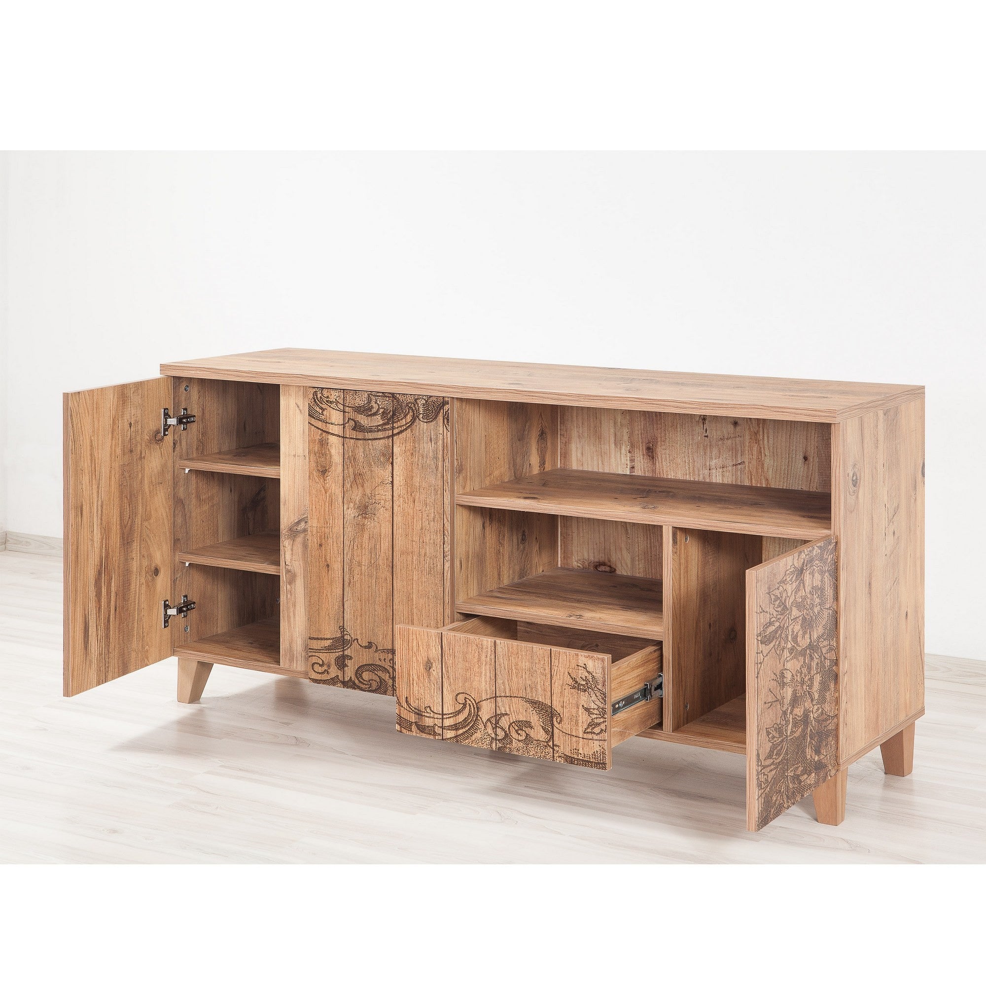 Suporte de TV moderno com acabamento em pinho atlântico, 160 cm | 100% revestido em melamina, pernas de madeira, revestimento UV, gavetas telescópicas, montagem na parede, armazenamento elegante