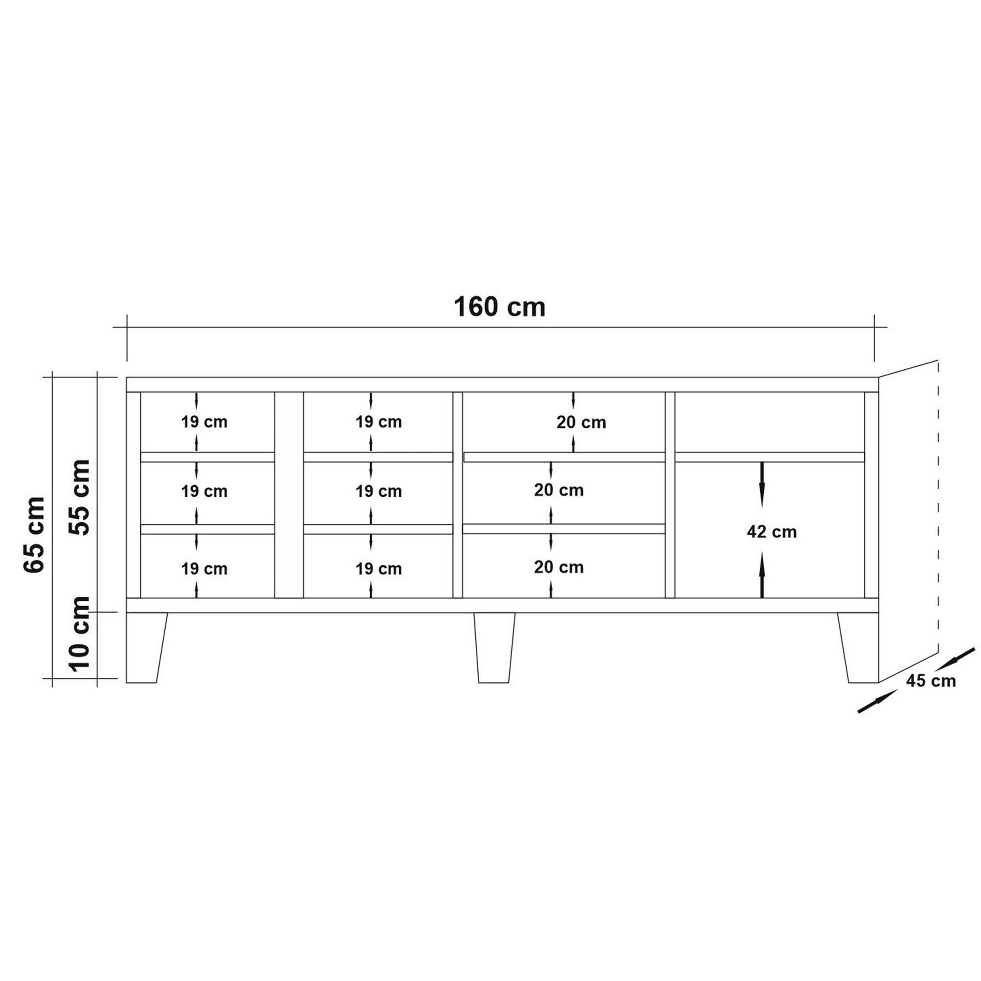 Suporte de TV moderno com acabamento em pinho atlântico, 160 cm | 100% revestido em melamina, pernas de madeira, revestimento UV, gavetas telescópicas, montagem na parede, armazenamento elegante