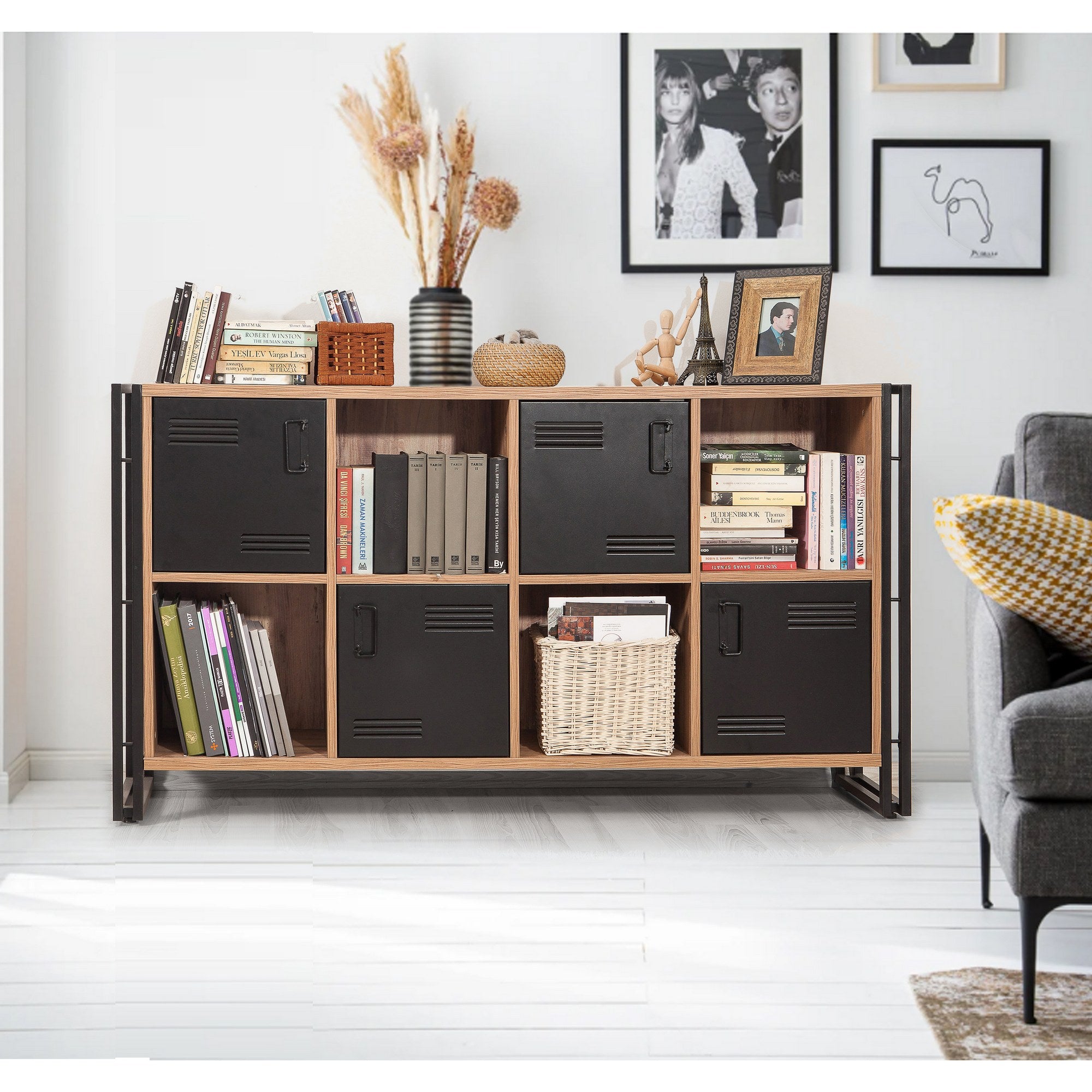 Conjunto de móveis elegantes para sala de estar, pinho atlântico e preto, 100% revestido em melamina, móvel de TV 130x45x50 cm e console 164x35x89 cm | Estrutura de metal durável, design moderno