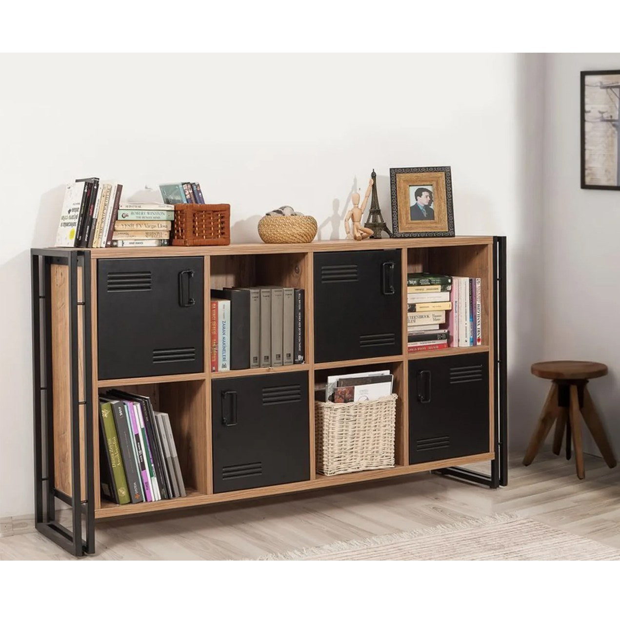 Conjunto de móveis elegantes para sala de estar, pinho atlântico e preto, 100% revestido em melamina, móvel de TV 130x45x50 cm e console 164x35x89 cm | Estrutura de metal durável, design moderno