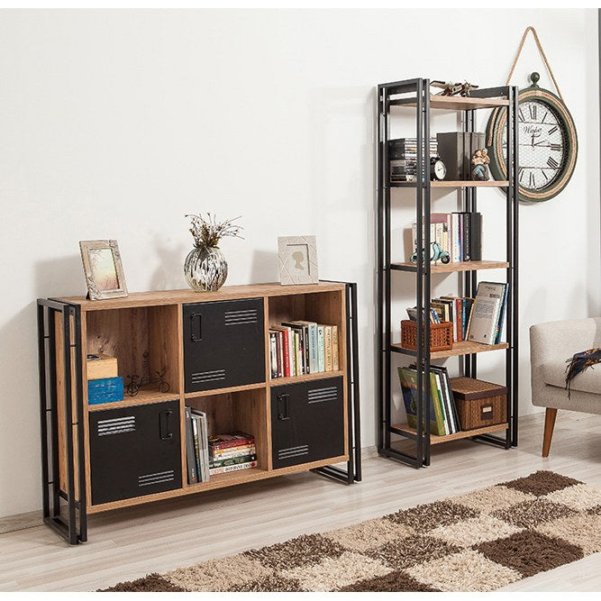 Conjunto de móveis elegantes para sala de estar, pinho atlântico e preto, 100% revestido em melamina, 18 mm de espessura, estrutura de metal, estante 60 x 180 x 35 cm, Tribus 136 x 89 x 35 cm