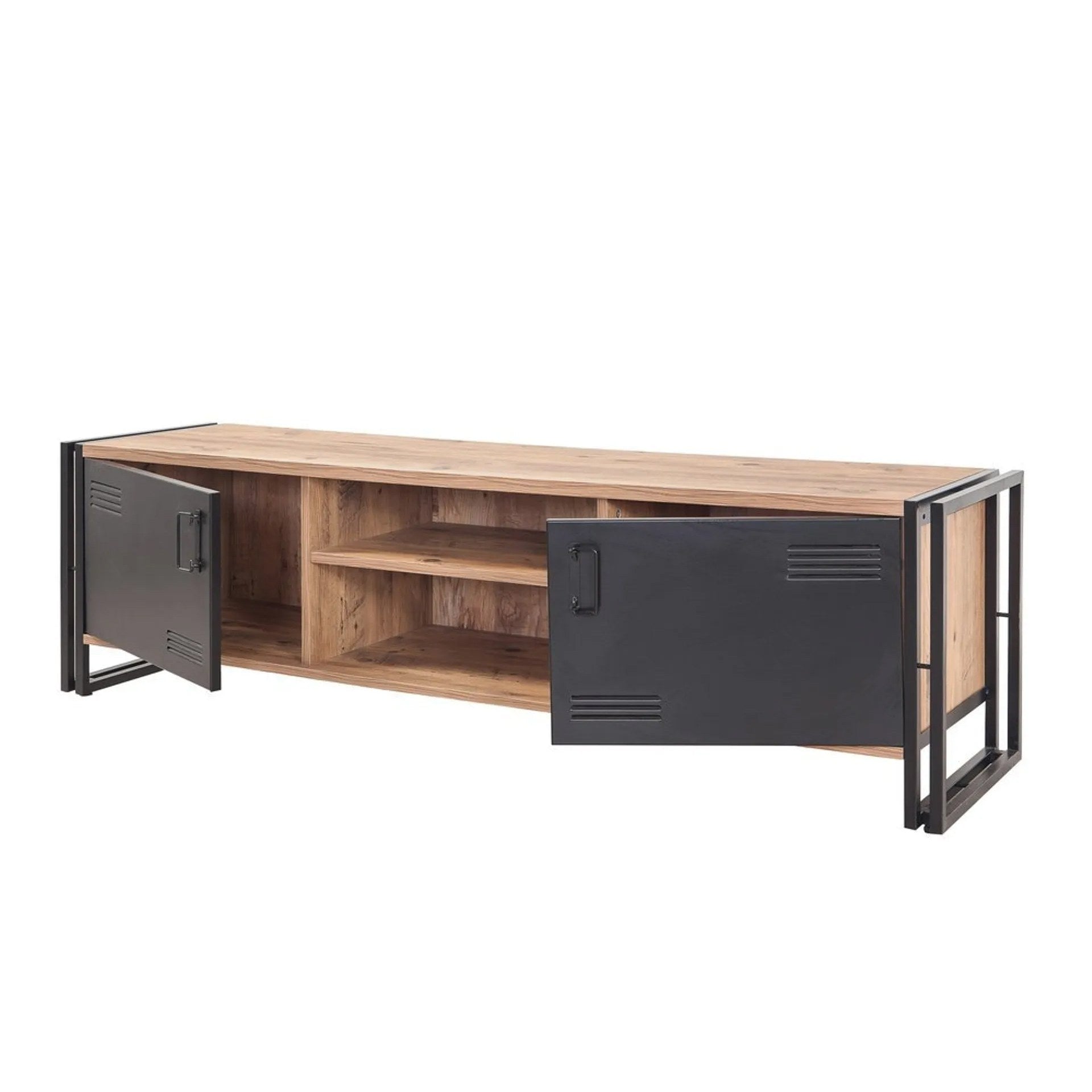 Conjunto de móveis elegantes para sala de estar, pinho atlântico e preto, 100% revestido em melamina, console 164x35x89 cm, mesa de centro 70x70x40 cm, móvel para TV 180x45x50 cm | Estrutura de metal durável
