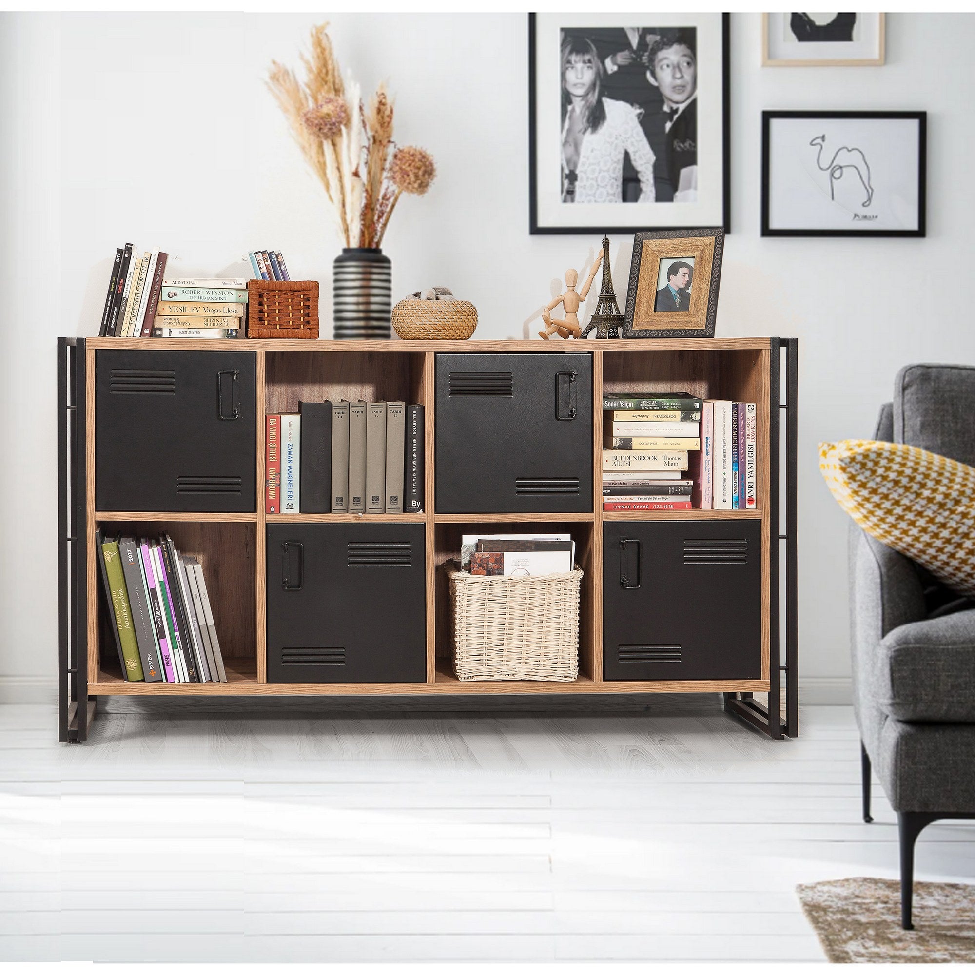 Conjunto de móveis elegantes para sala de estar, pinho atlântico e preto, 100% revestido em melamina, console 164x35x89 cm, mesa de centro 70x70x40 cm, móvel para TV 180x45x50 cm | Estrutura de metal durável