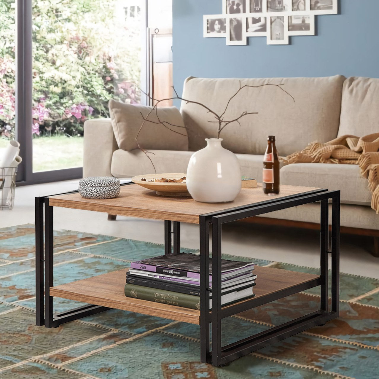 Conjunto de móveis elegantes para sala de estar, pinho atlântico e preto, 100% revestido em melamina, console 164x35x89 cm, mesa de centro 70x70x40 cm, móvel para TV 180x45x50 cm | Estrutura de metal durável