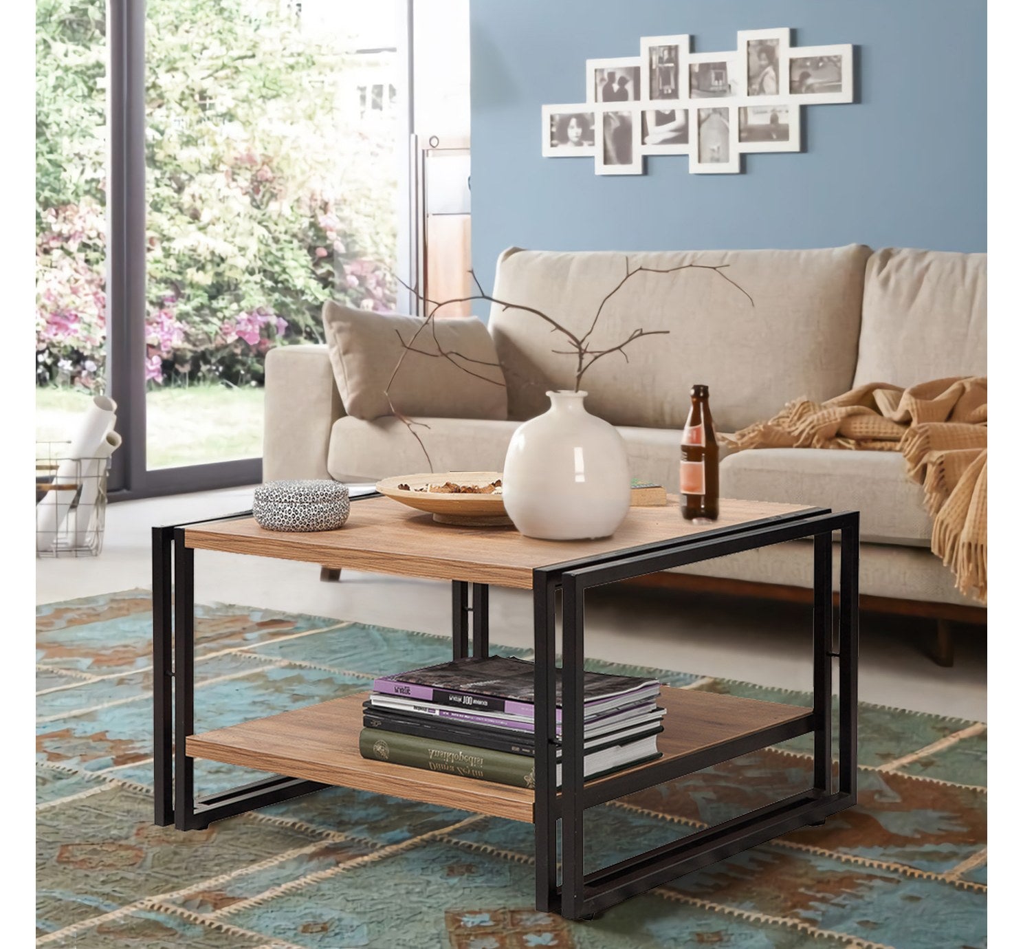 Conjunto de móveis elegantes para sala de estar, pinho atlântico e preto, 100% revestido em melamina, estrutura de metal, console, móvel de centro e TV | Design elegante e durável