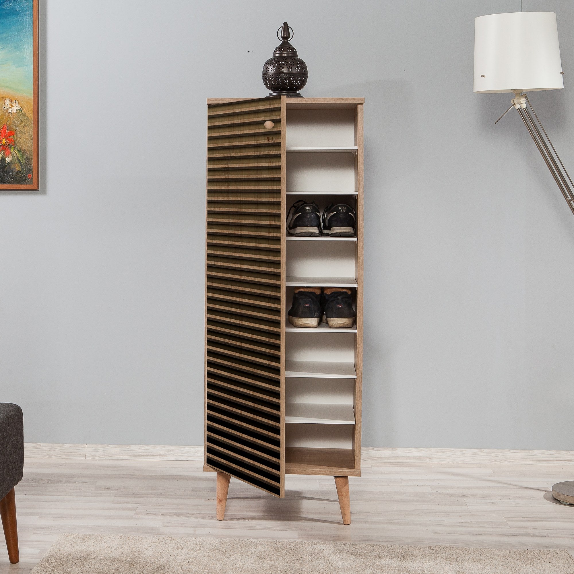 Sapateira moderna, carvalho Sonoma, 50 x 135 x 38 cm | 100% revestida em melamina, pernas em madeira de carpa, revestimento UV, montável na parede, design elegante e funcional