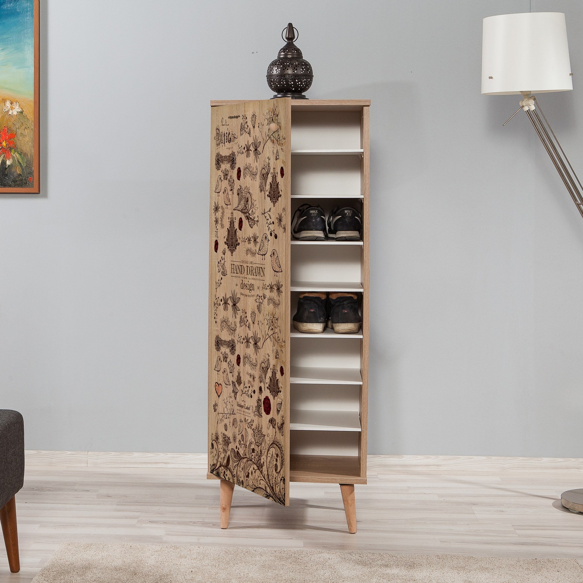 Sapateira moderna, carvalho Sonoma, 50 x 135 x 38 cm | Revestimento 100% melamina, pernas de madeira de carpa, revestimento UV | Solução de armazenamento elegante e montável na parede