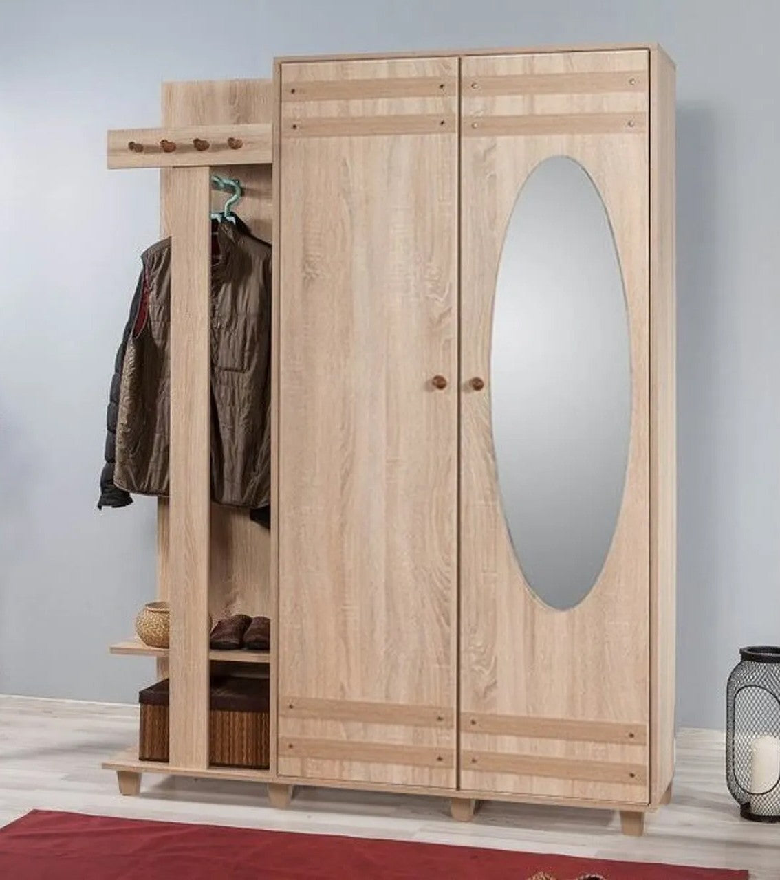 Aparador de Hall Moderno com Espelho, Carvalho Sonoma, 135 x 192 x 36 cm | 100% Melamina, Revestimento UV, Pés de Plástico, Alças de Madeira | Solução de Armazenamento Elegante e Funcional