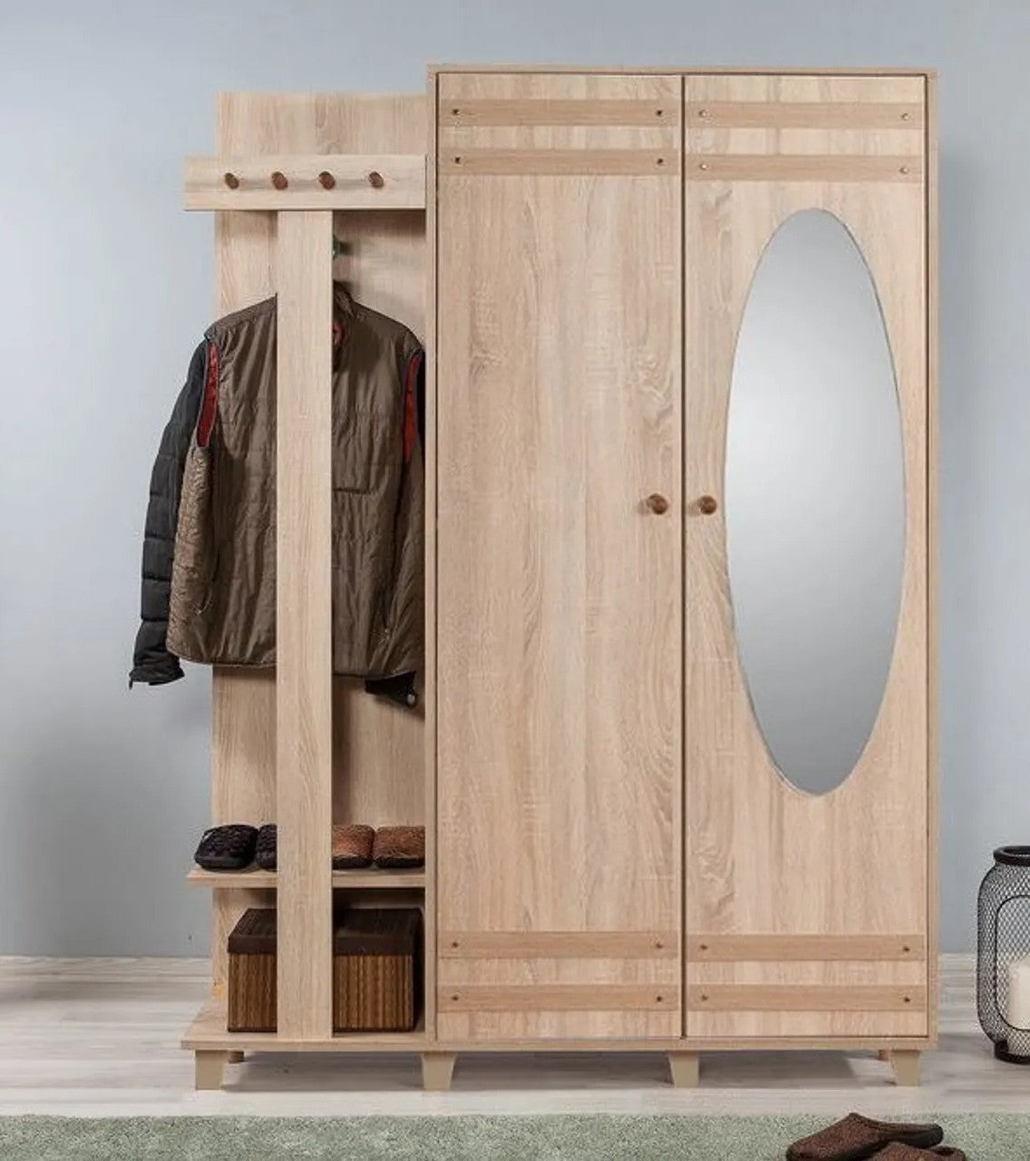 Aparador de Hall Moderno com Espelho, Carvalho Sonoma, 135 x 192 x 36 cm | 100% Melamina, Revestimento UV, Pés de Plástico, Alças de Madeira | Solução de Armazenamento Elegante e Funcional