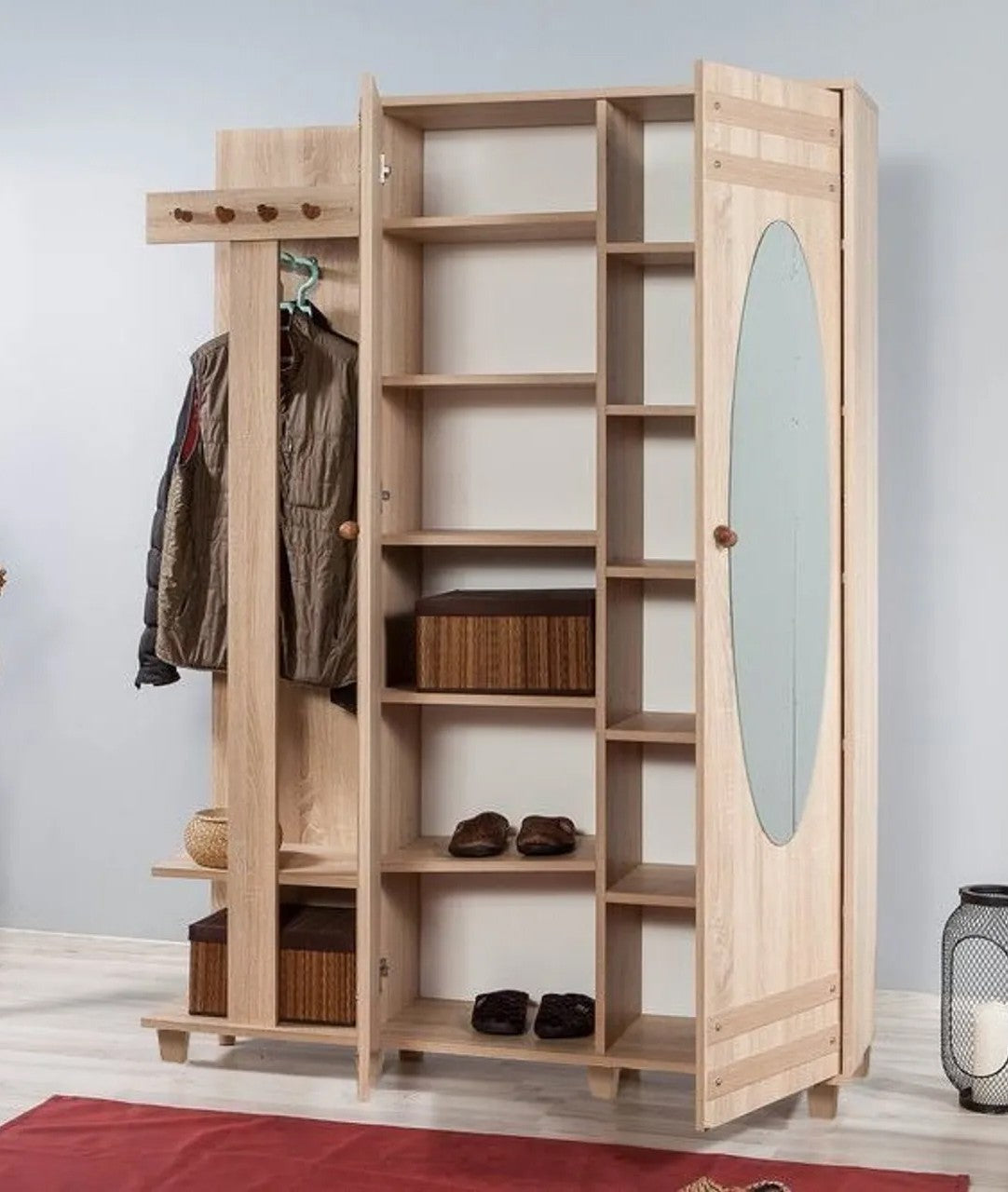 Aparador de Hall Moderno com Espelho, Carvalho Sonoma, 135 x 192 x 36 cm | 100% Melamina, Revestimento UV, Pés de Plástico, Alças de Madeira | Solução de Armazenamento Elegante e Funcional