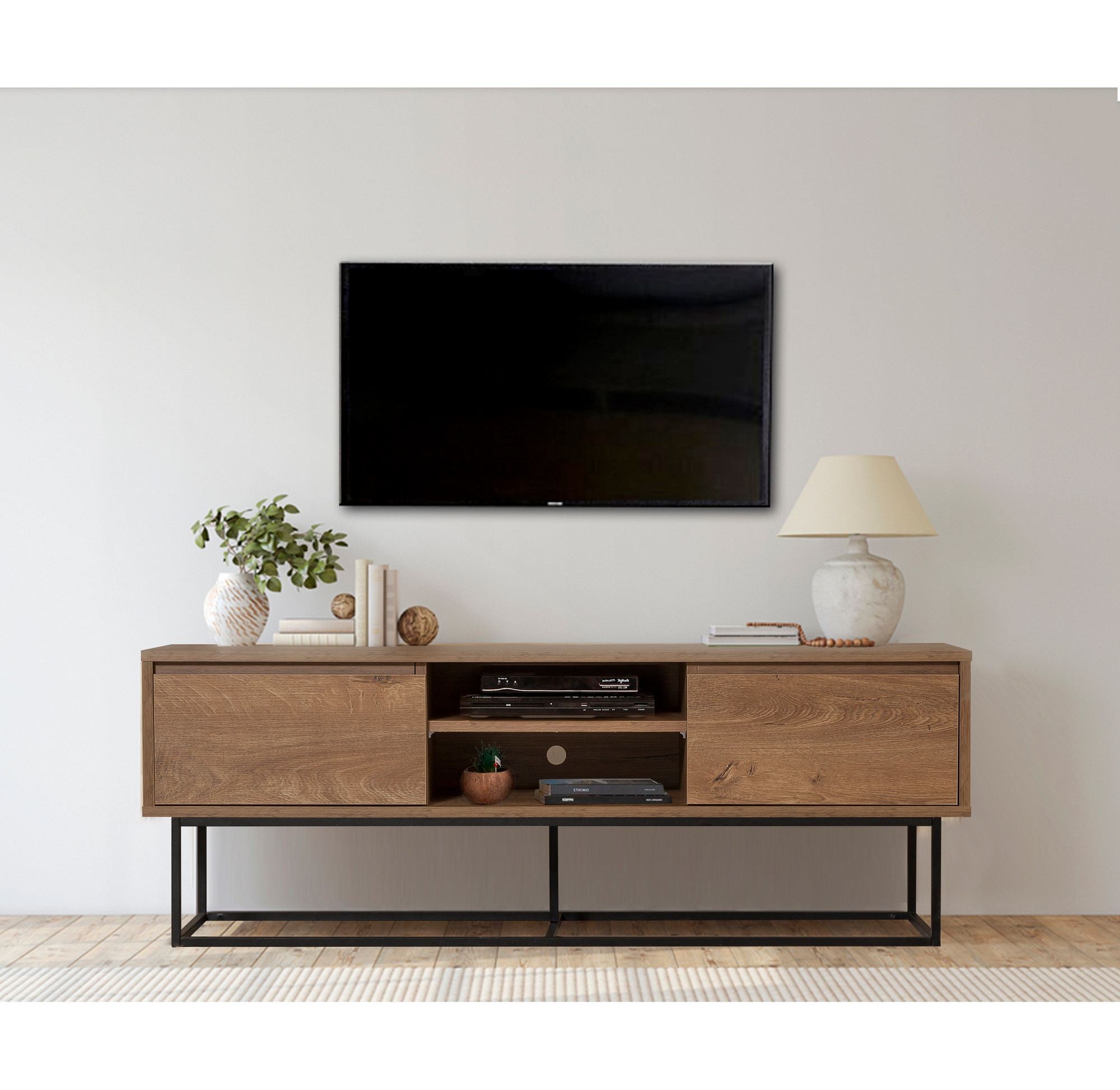 Suporte de TV moderno com estrutura de metal, nogueira e preto, 140 cm | Painel de partículas 100% revestido de melamina, 18 mm de espessura | Montável na parede, design elegante e funcional