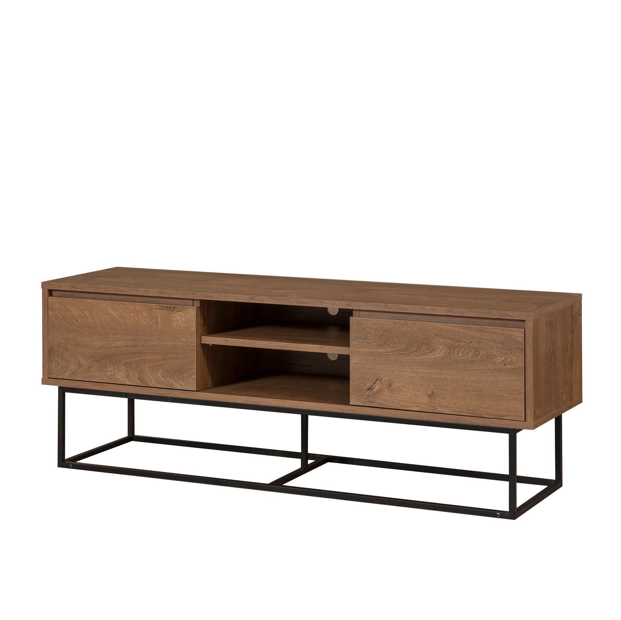 Suporte de TV moderno com estrutura de metal, nogueira e preto, 140 cm | Painel de partículas 100% revestido de melamina, 18 mm de espessura | Montável na parede, design elegante e funcional