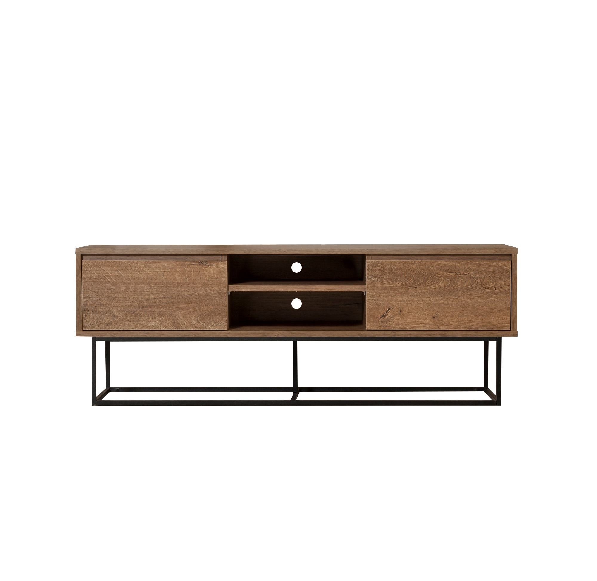 Suporte de TV moderno com estrutura de metal, nogueira e preto, 140 cm | Painel de partículas 100% revestido de melamina, 18 mm de espessura | Montável na parede, design elegante e funcional