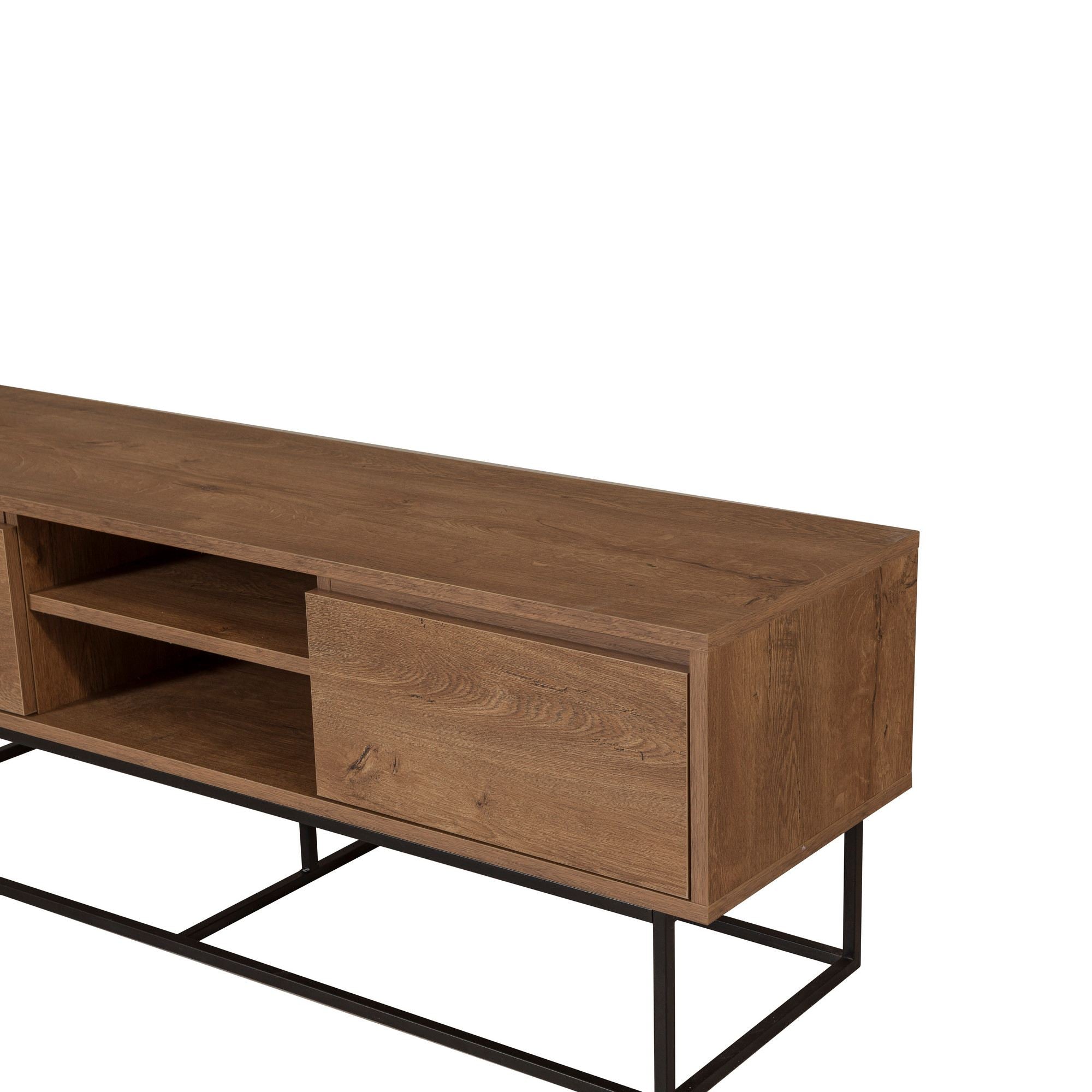 Suporte de TV moderno com estrutura de metal, nogueira e preto, 140 cm | Painel de partículas 100% revestido de melamina, 18 mm de espessura | Montável na parede, design elegante e funcional