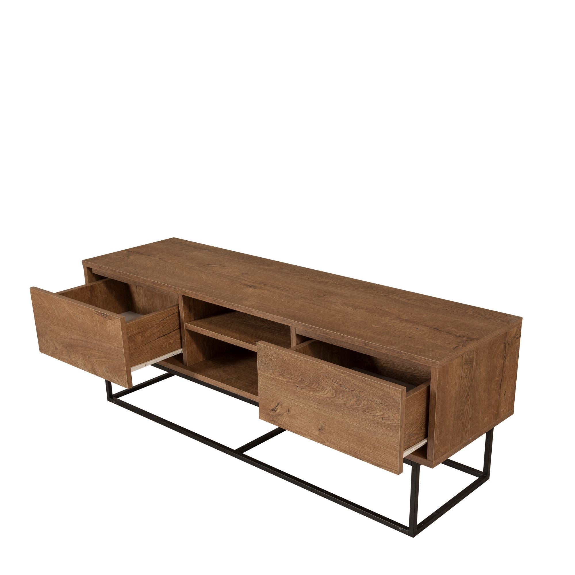 Suporte de TV moderno com estrutura de metal, nogueira e preto, 140 cm | Painel de partículas 100% revestido de melamina, 18 mm de espessura | Montável na parede, design elegante e funcional