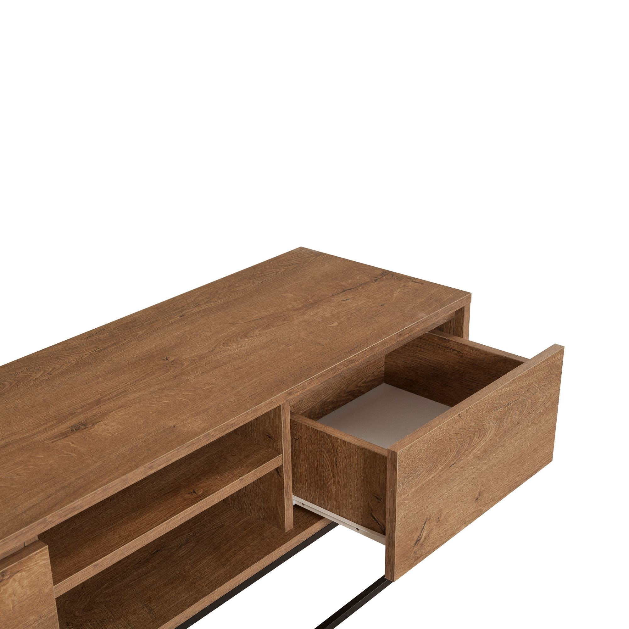 Suporte de TV moderno com estrutura de metal, nogueira e preto, 140 cm | Painel de partículas 100% revestido de melamina, 18 mm de espessura | Montável na parede, design elegante e funcional