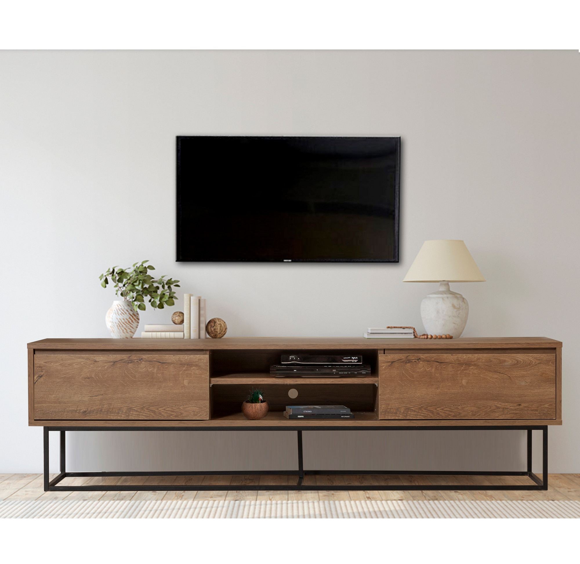 Suporte de TV moderno com estrutura de metal, nogueira e preto, 180 x 50 x 40 cm | 100% revestido em melamina, 18 mm de espessura, montável na parede, design elegante e funcional