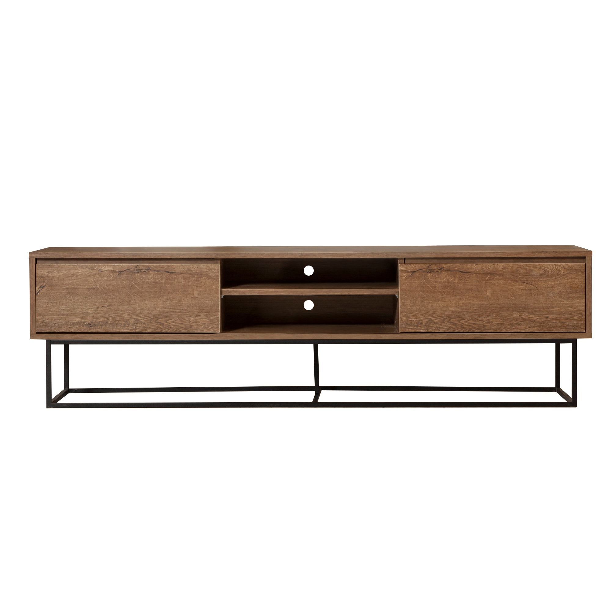 Suporte de TV moderno com estrutura de metal, nogueira e preto, 180 x 50 x 40 cm | 100% revestido em melamina, 18 mm de espessura, montável na parede, design elegante e funcional
