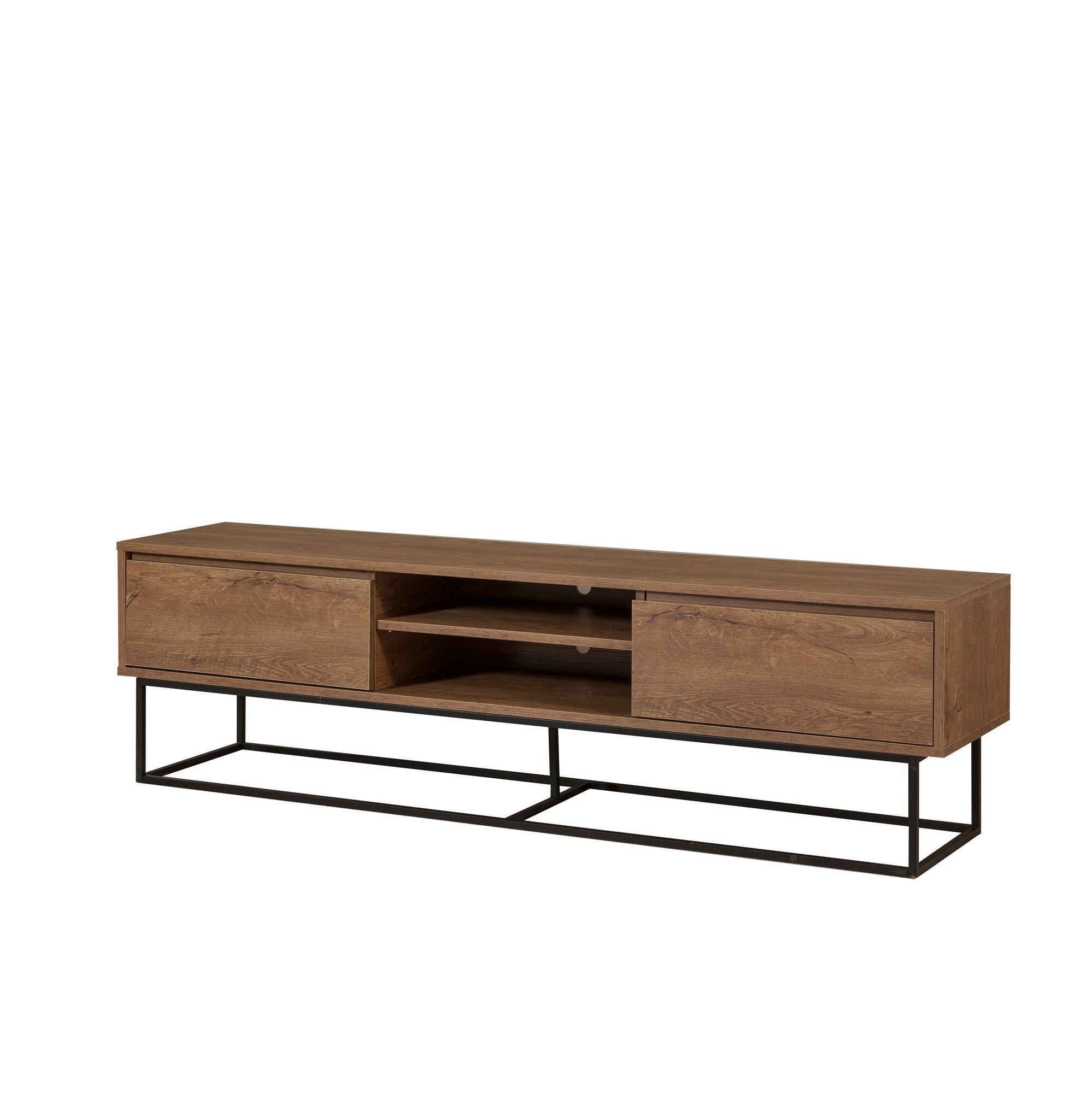 Suporte de TV moderno com estrutura de metal, nogueira e preto, 180 x 50 x 40 cm | 100% revestido em melamina, 18 mm de espessura, montável na parede, design elegante e funcional