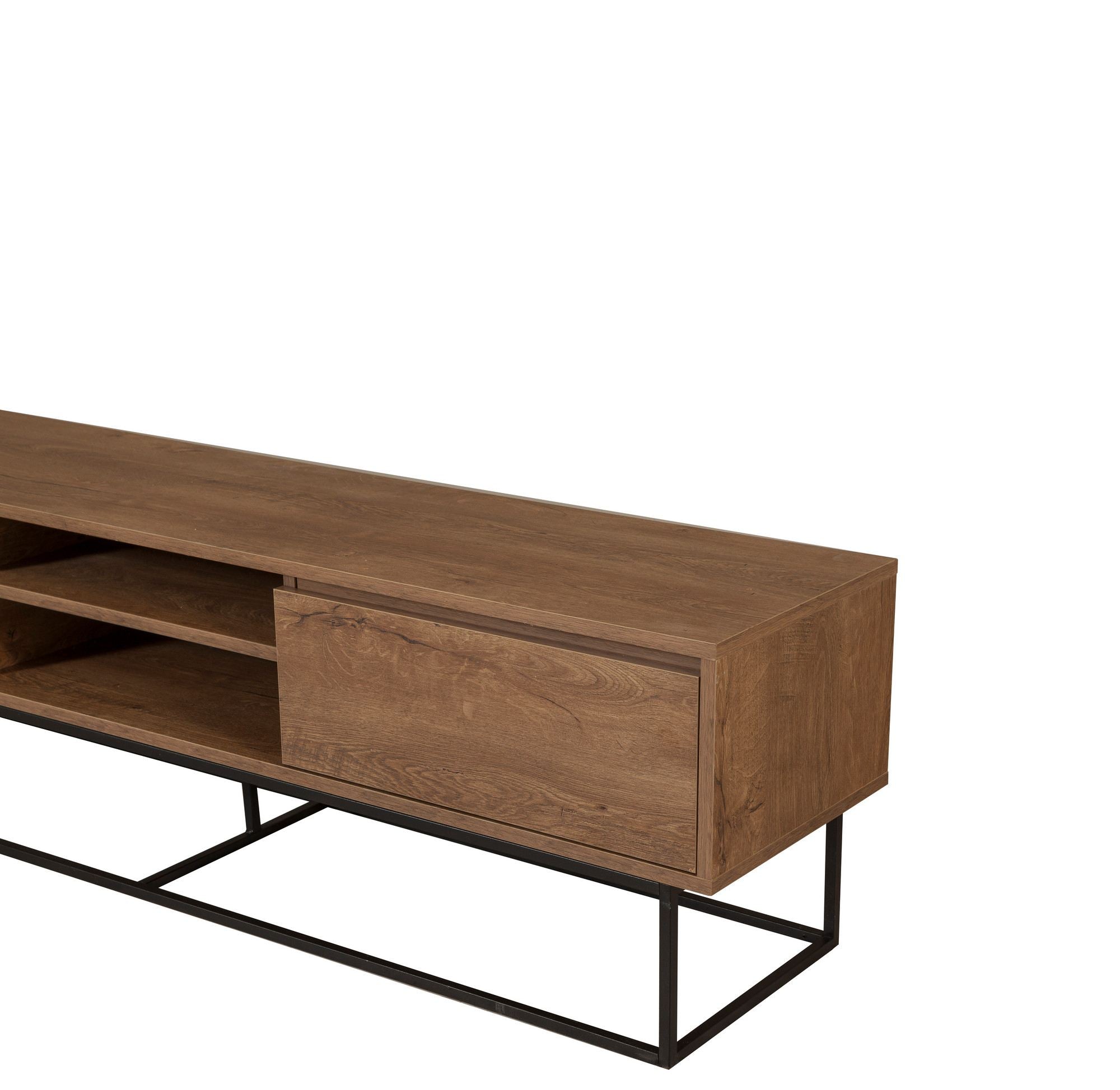 Suporte de TV moderno com estrutura de metal, nogueira e preto, 180 x 50 x 40 cm | 100% revestido em melamina, 18 mm de espessura, montável na parede, design elegante e funcional