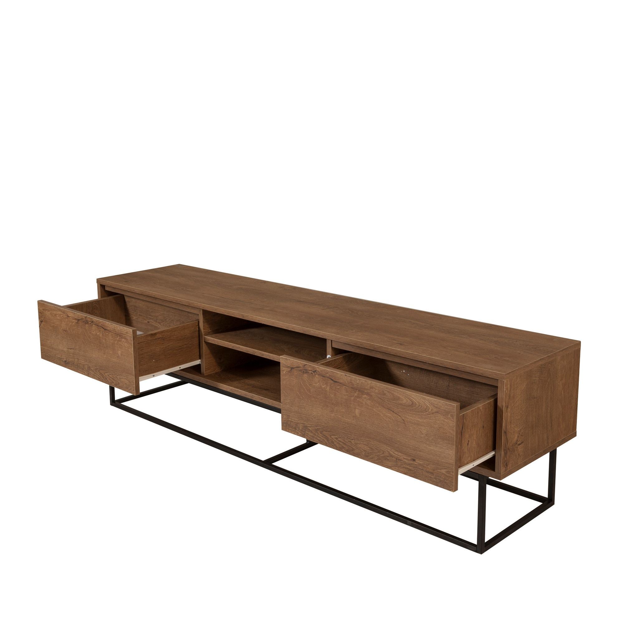 Suporte de TV moderno com estrutura de metal, nogueira e preto, 180 x 50 x 40 cm | 100% revestido em melamina, 18 mm de espessura, montável na parede, design elegante e funcional