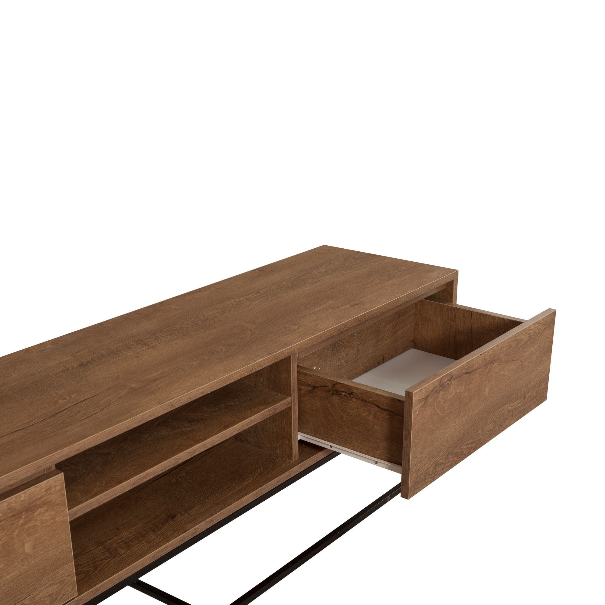 Suporte de TV moderno com estrutura de metal, nogueira e preto, 180 x 50 x 40 cm | 100% revestido em melamina, 18 mm de espessura, montável na parede, design elegante e funcional