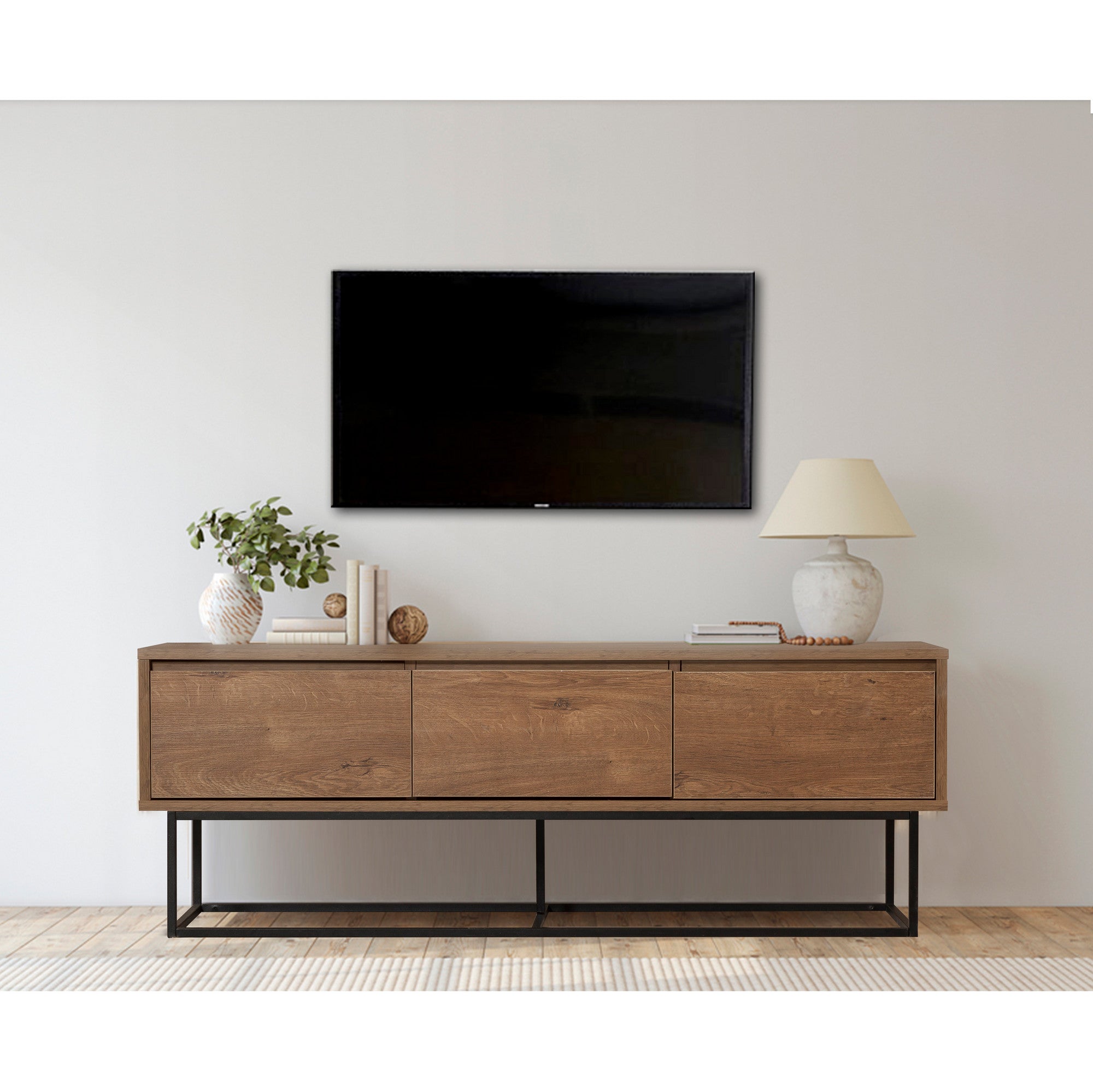 Suporte de TV moderno com estrutura de metal, nogueira e preto, 140 cm | Painel de partículas 100% revestido de melamina, 18 mm de espessura | Montável na parede, design elegante e funcional