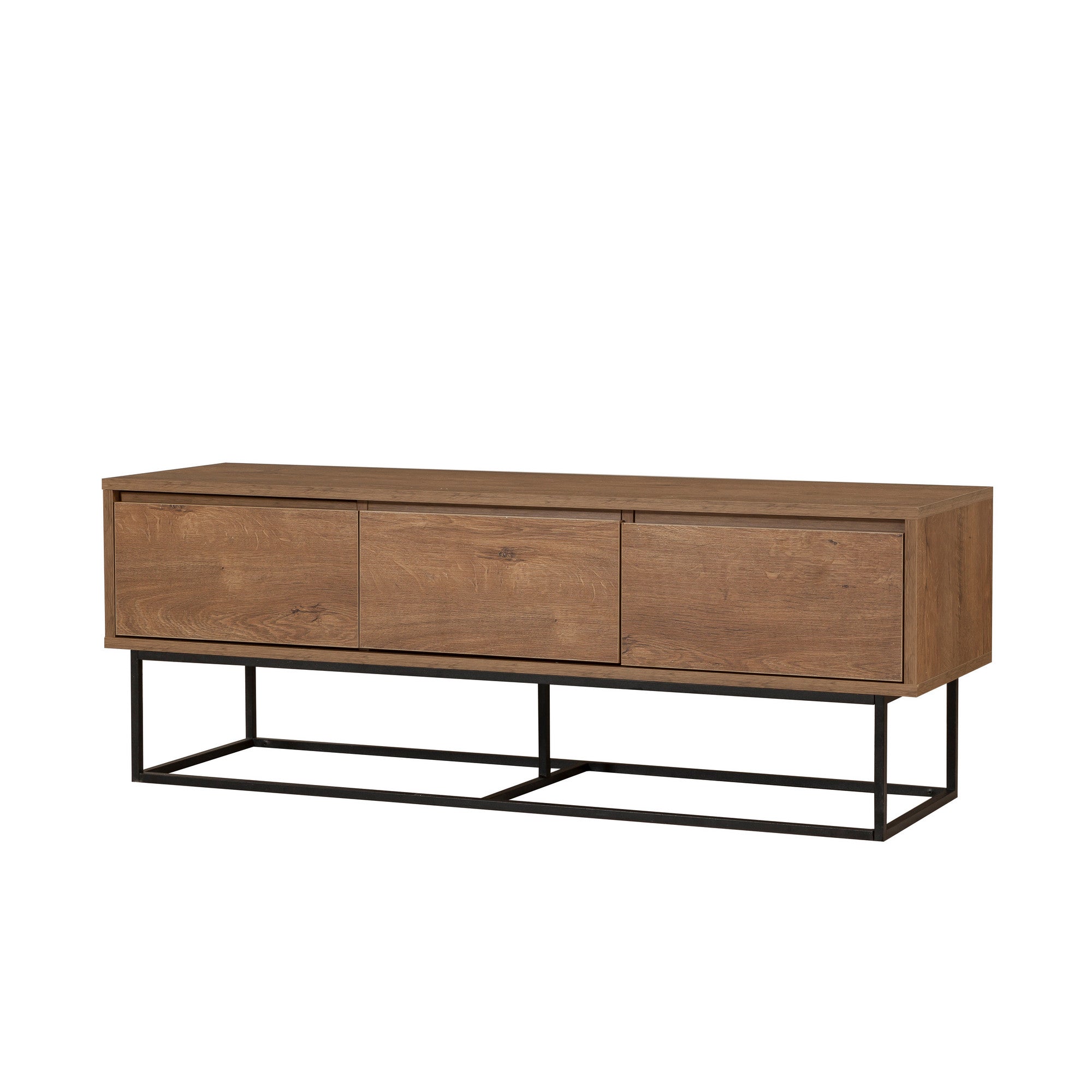Suporte de TV moderno com estrutura de metal, nogueira e preto, 140 cm | Painel de partículas 100% revestido de melamina, 18 mm de espessura | Montável na parede, design elegante e funcional