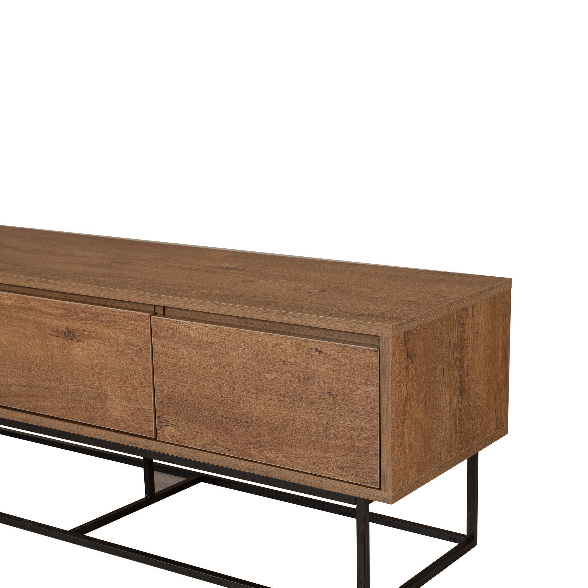 Suporte de TV moderno com estrutura de metal, nogueira e preto, 140 cm | Painel de partículas 100% revestido de melamina, 18 mm de espessura | Montável na parede, design elegante e funcional