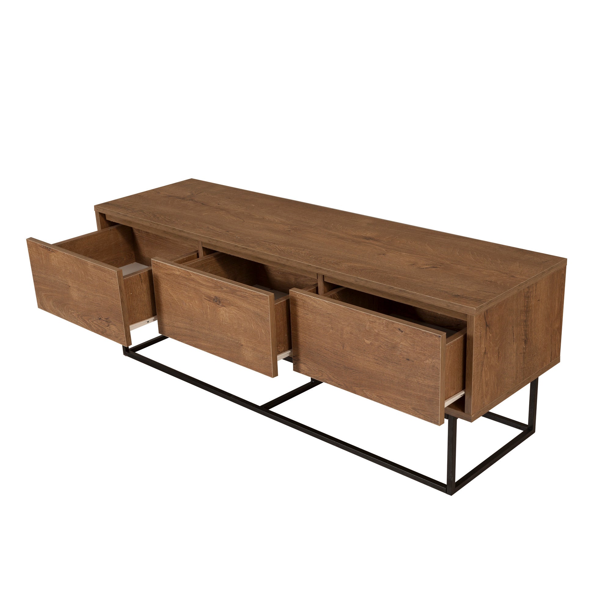 Suporte de TV moderno com estrutura de metal, nogueira e preto, 140 cm | Painel de partículas 100% revestido de melamina, 18 mm de espessura | Montável na parede, design elegante e funcional