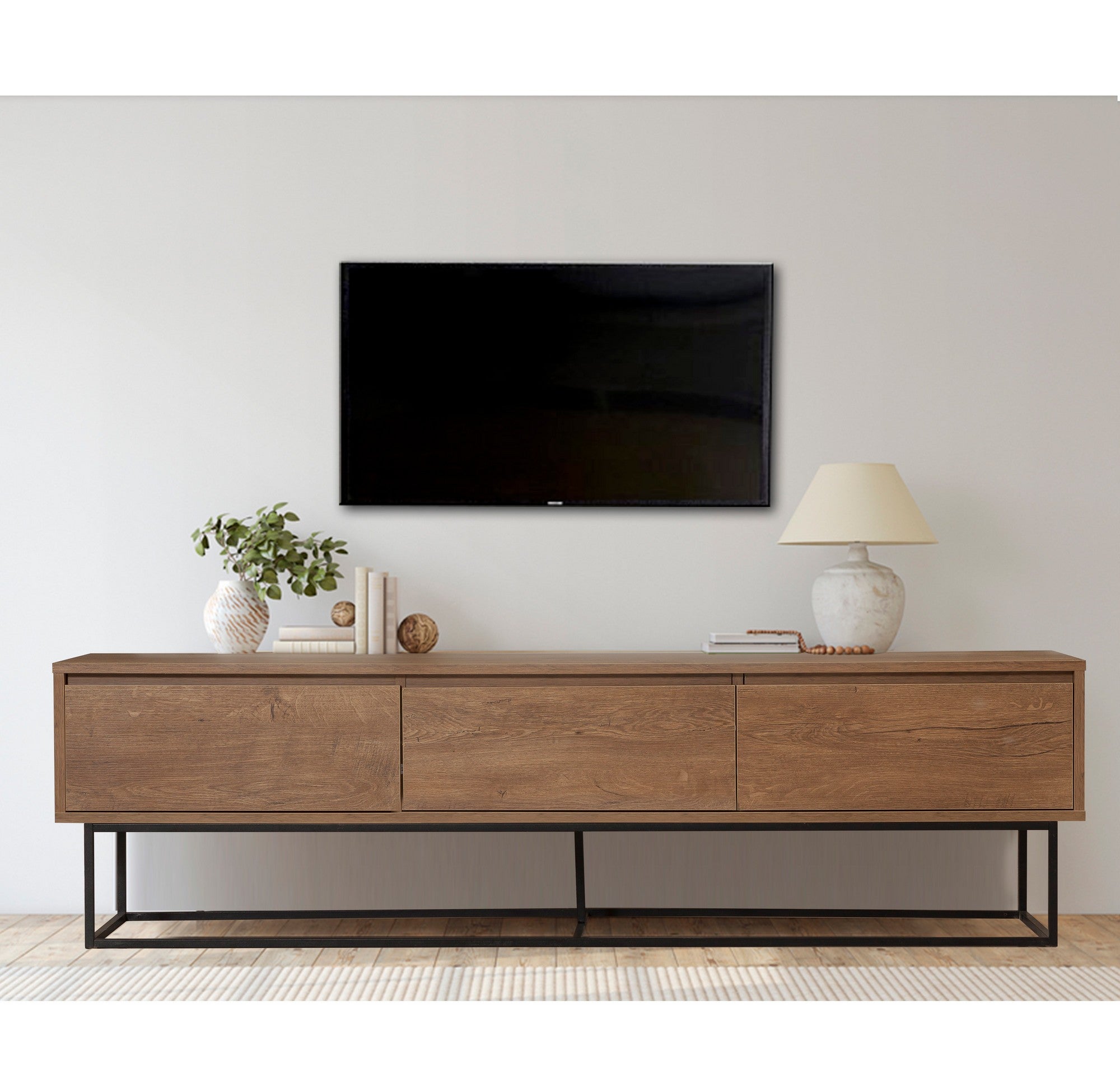 Suporte de TV moderno com estrutura de metal, nogueira e preto, 180 x 50 x 40 cm | 100% revestido em melamina, 18 mm de espessura | Montável na parede, design elegante e funcional