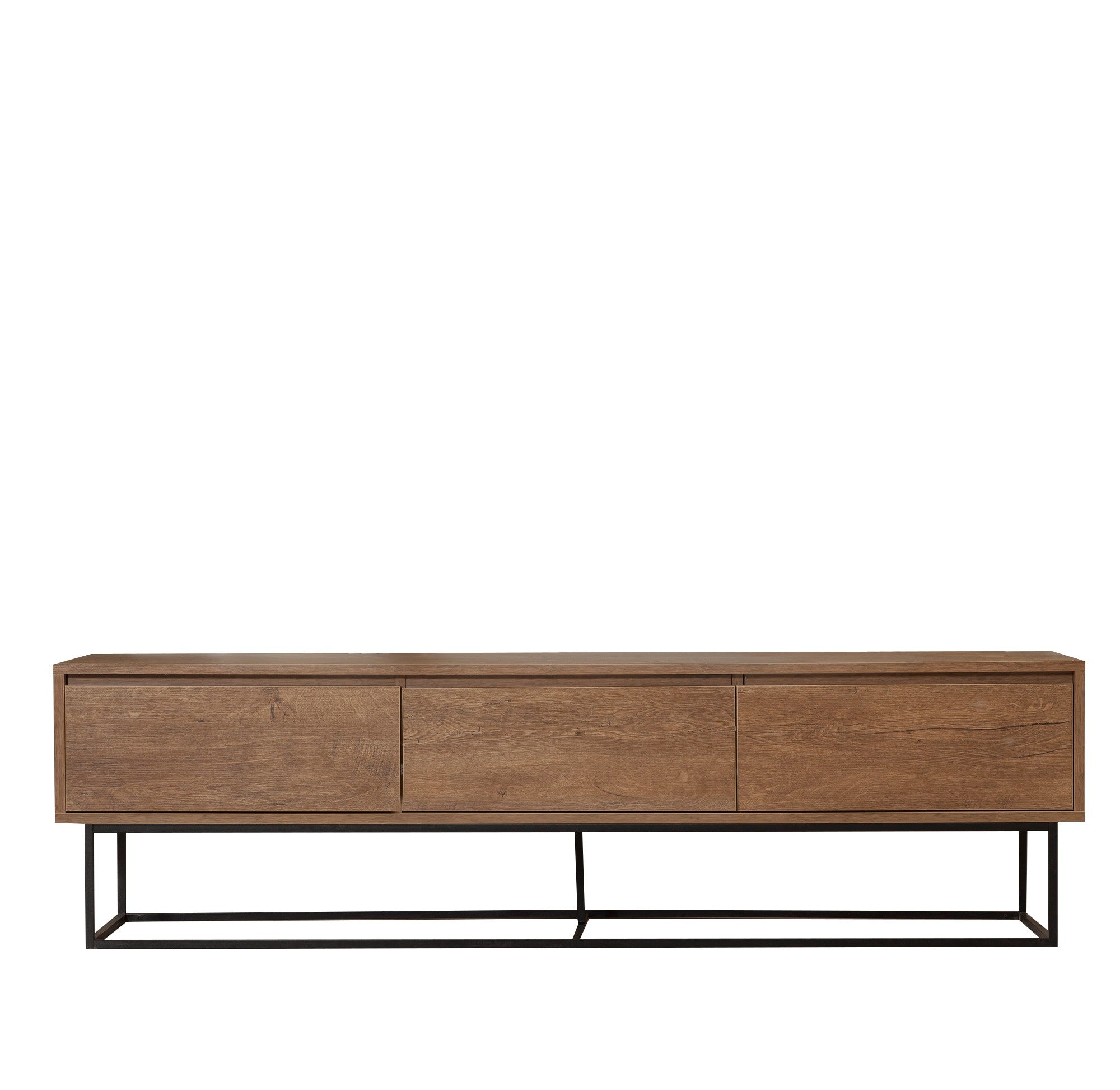 Suporte de TV moderno com estrutura de metal, nogueira e preto, 180 x 50 x 40 cm | 100% revestido em melamina, 18 mm de espessura | Montável na parede, design elegante e funcional