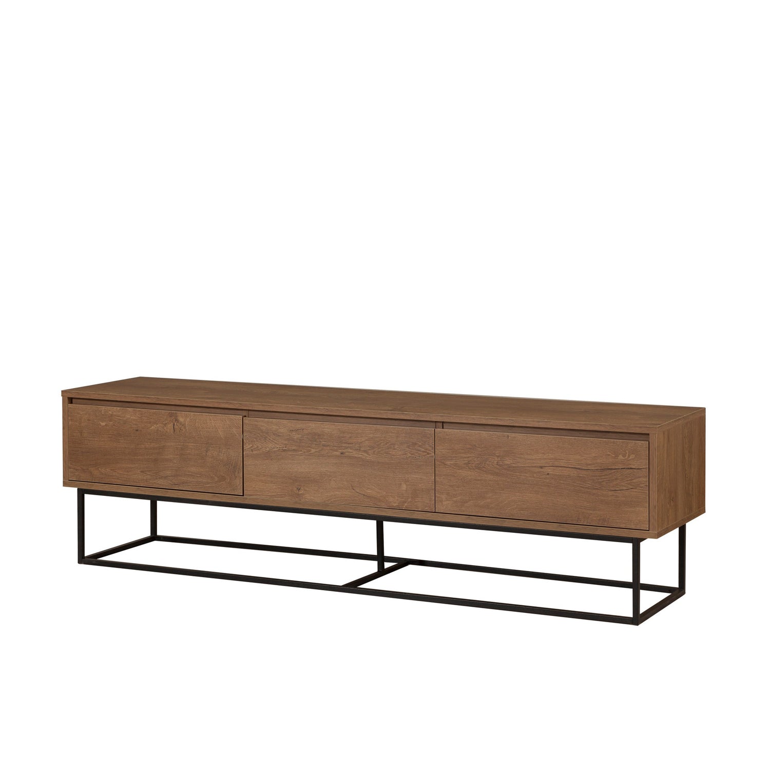 Suporte de TV moderno com estrutura de metal, nogueira e preto, 180 x 50 x 40 cm | 100% revestido em melamina, 18 mm de espessura | Montável na parede, design elegante e funcional