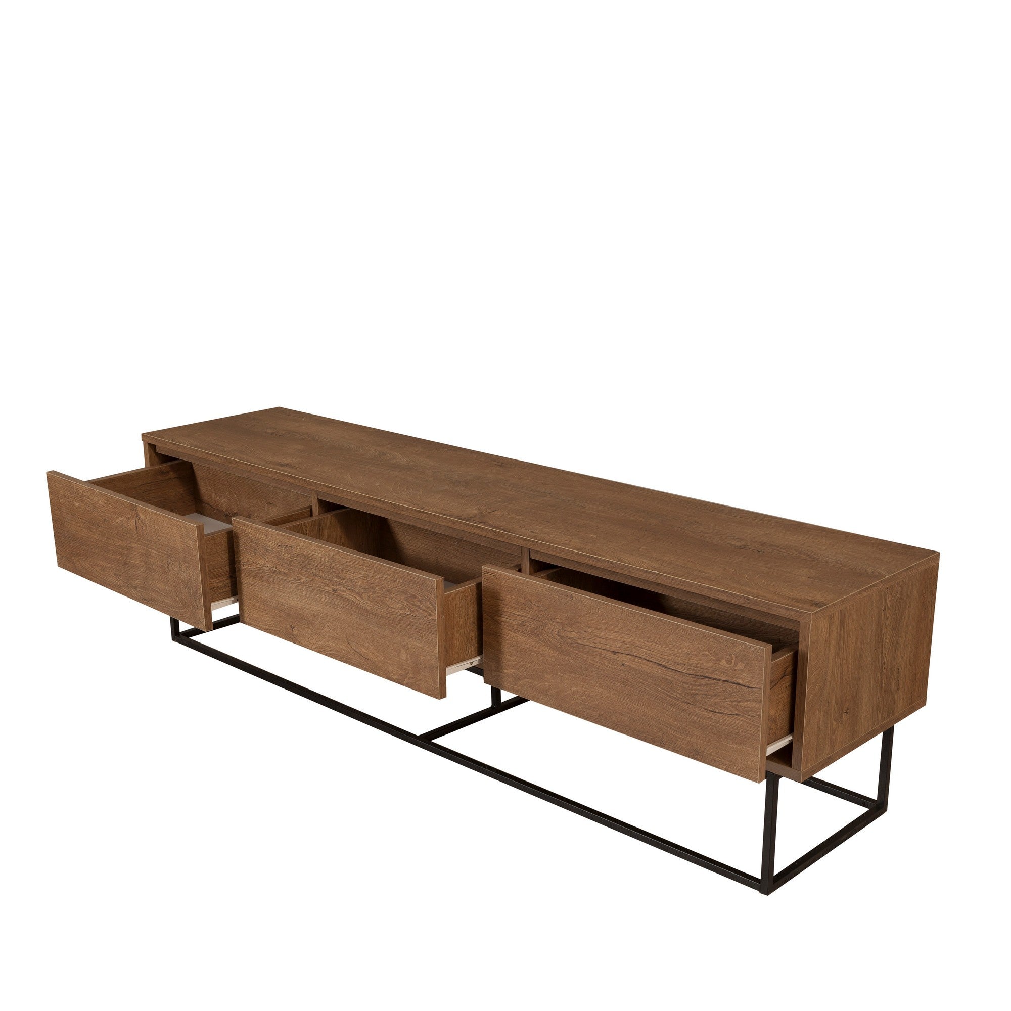 Suporte de TV moderno com estrutura de metal, nogueira e preto, 180 x 50 x 40 cm | 100% revestido em melamina, 18 mm de espessura | Montável na parede, design elegante e funcional