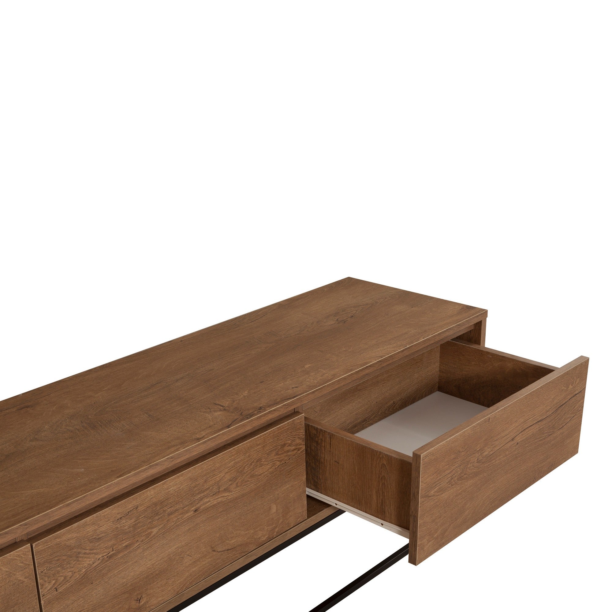 Suporte de TV moderno com estrutura de metal, nogueira e preto, 180 x 50 x 40 cm | 100% revestido em melamina, 18 mm de espessura | Montável na parede, design elegante e funcional