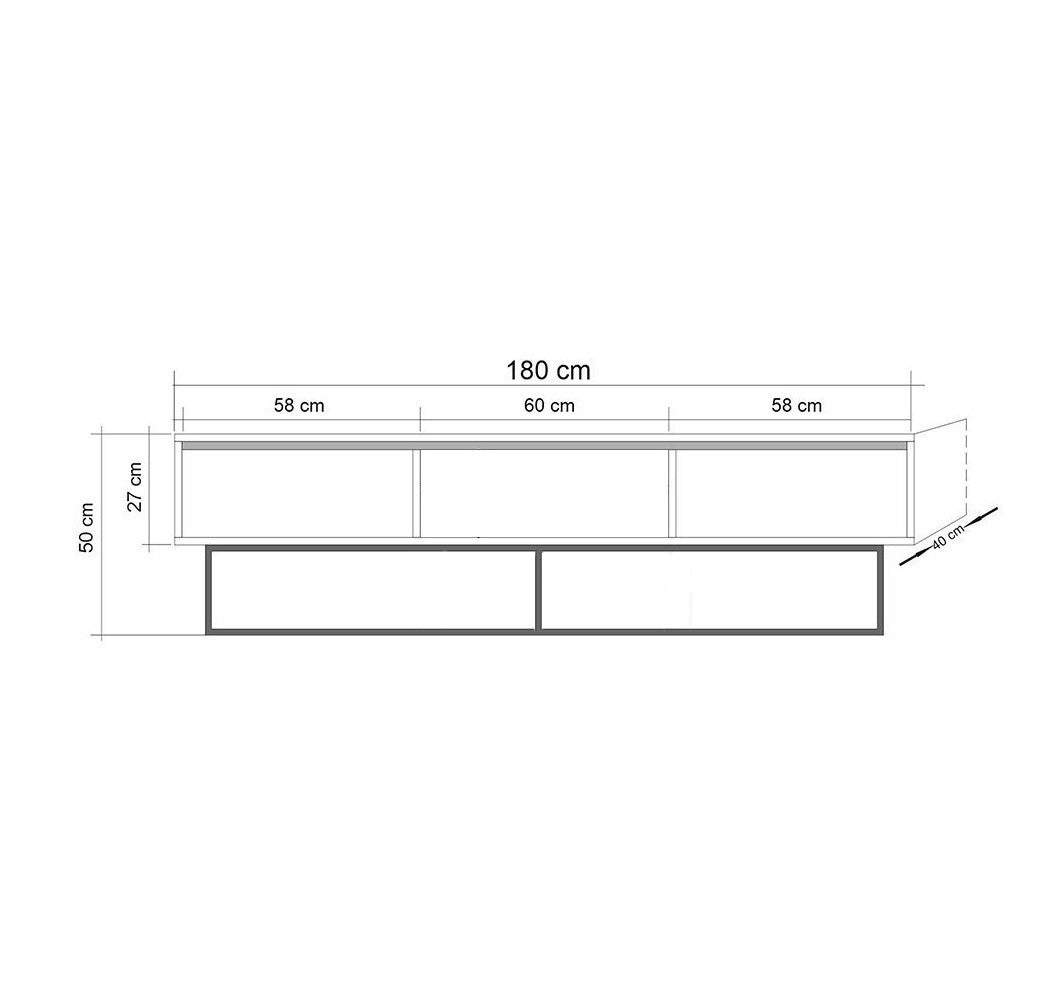 Suporte de TV moderno com estrutura de metal, nogueira e preto, 180 x 50 x 40 cm | 100% revestido em melamina, 18 mm de espessura | Montável na parede, design elegante e funcional