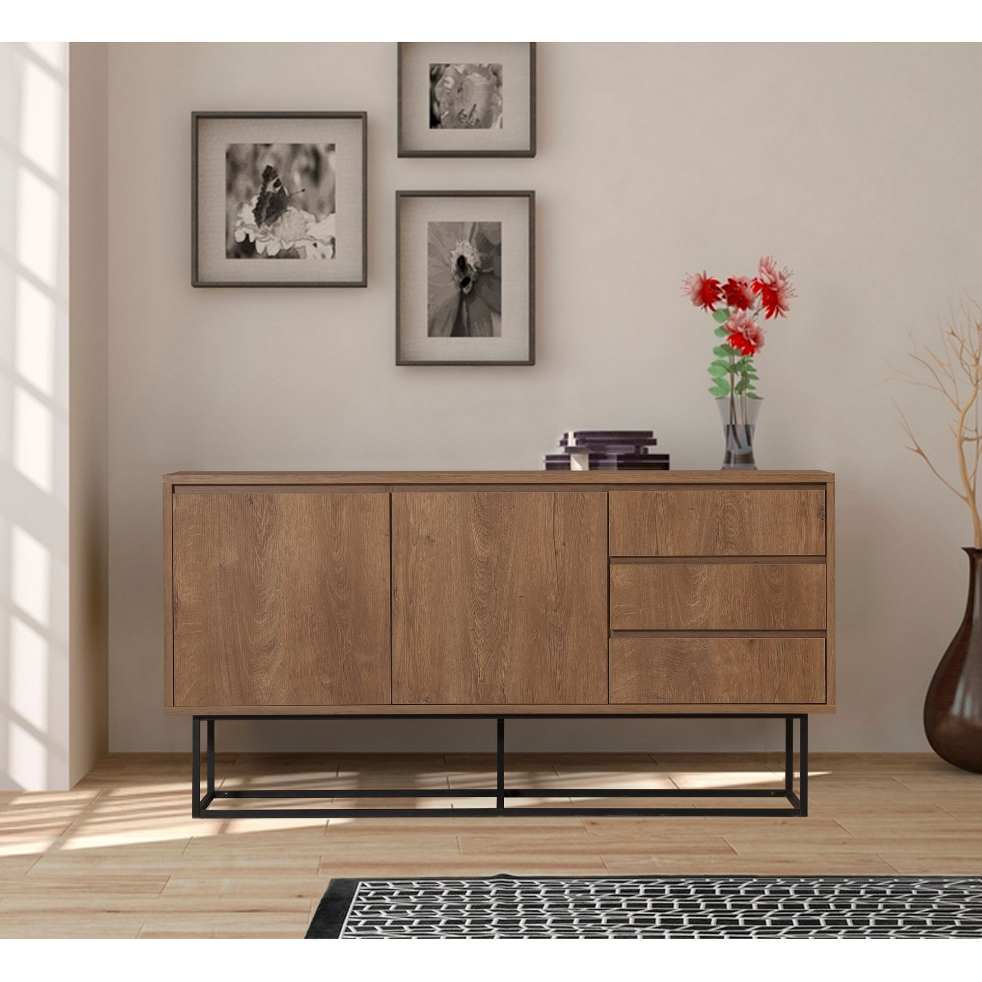 Aparador Moderno com 3 Gavetas e Prateleiras – 140 x 72 x 36 cm – Nogueira e Preto – Melamina e Metal