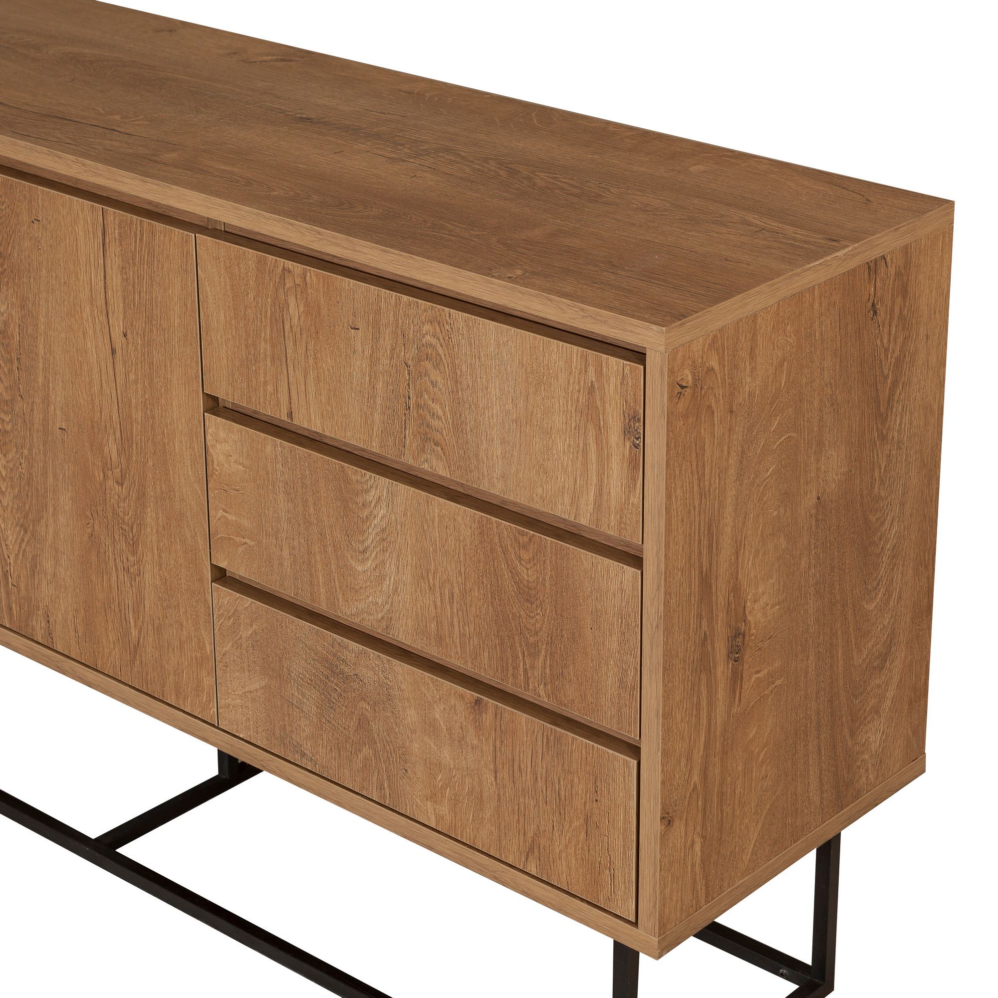 Aparador Moderno com 3 Gavetas e Prateleiras – 140 x 72 x 36 cm – Nogueira e Preto – Melamina e Metal