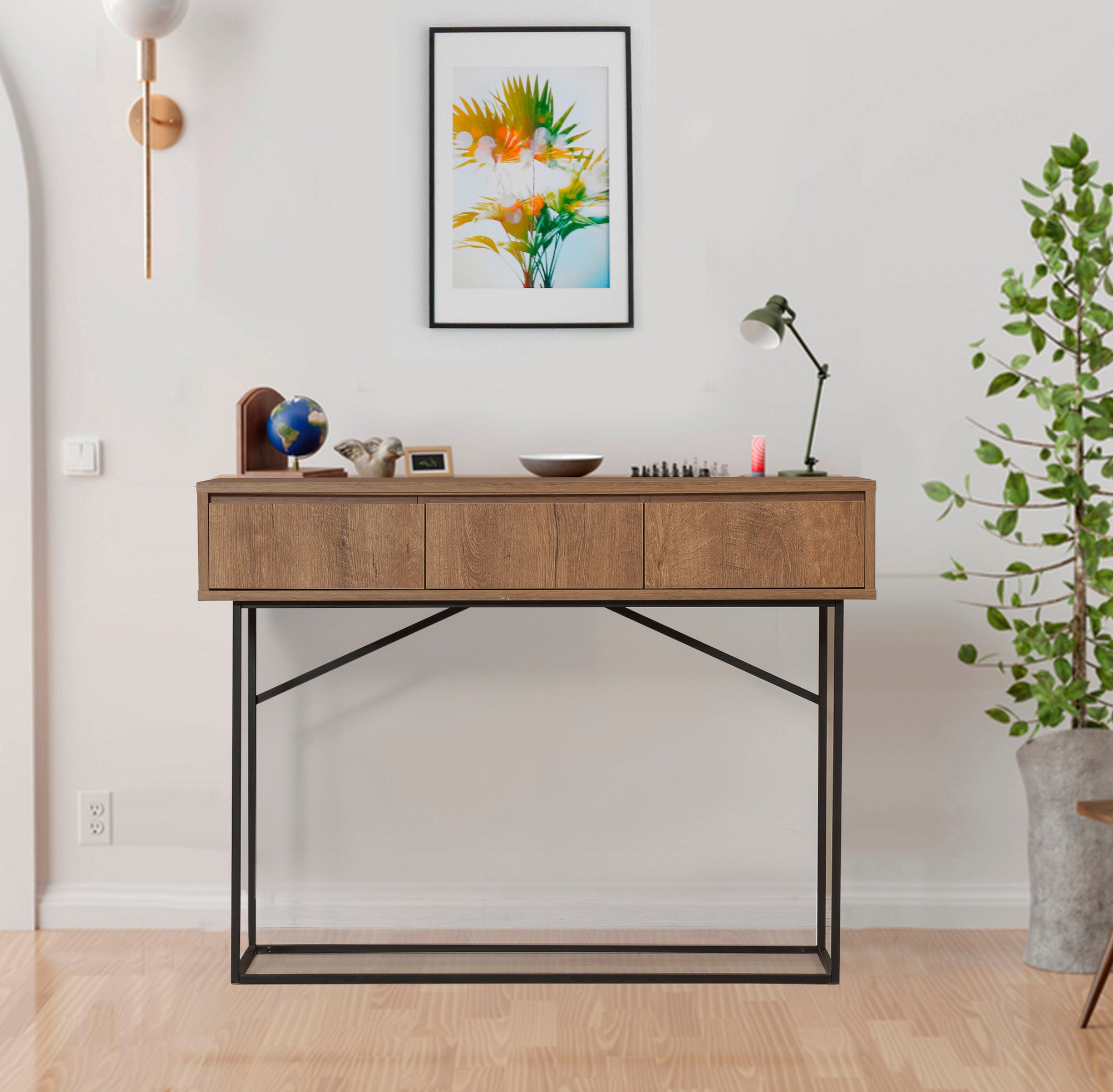 Aparador moderno com estrutura de metal, nogueira e preto, 120 x 90 x 36 cm | 100% revestido em melamina, 18 mm de espessura | Montável na parede, solução de armazenamento elegante