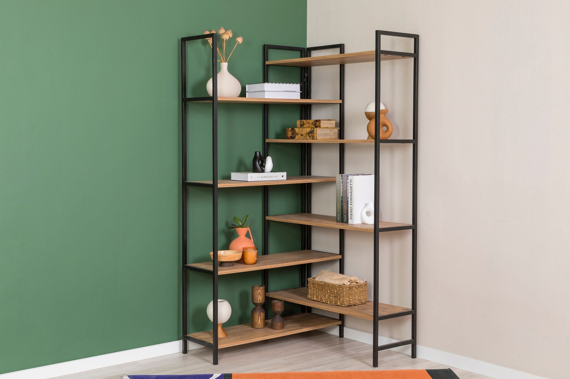 Estante elegante de metal e painel de partículas – 94 x 177 x 94 cm – Pinho Atlântico e Preto