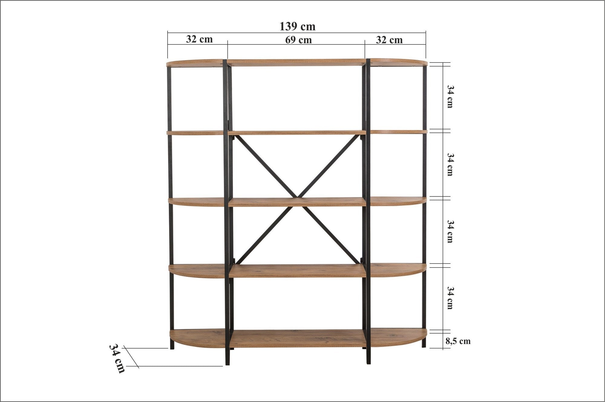 Estante de livros – 139 x 155 x 34 cm – Pinho Atlântico e Preto – Painel de partículas revestido a melamina