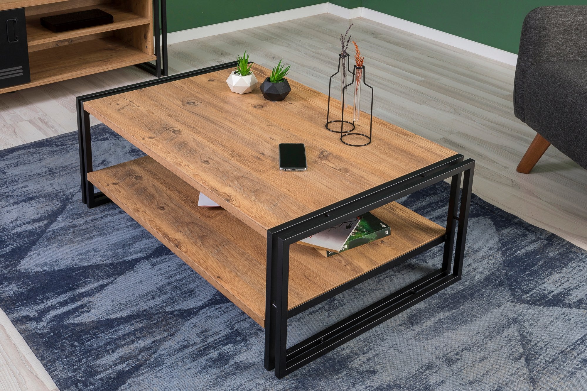 Conjunto de móveis elegantes para sala de estar, pinho atlântico e preto, aglomerado 100% revestido em melamina, pés de metal | Móvel de TV 130x50x45 cm, Mesa de centro 110x40x70 cm | Design moderno