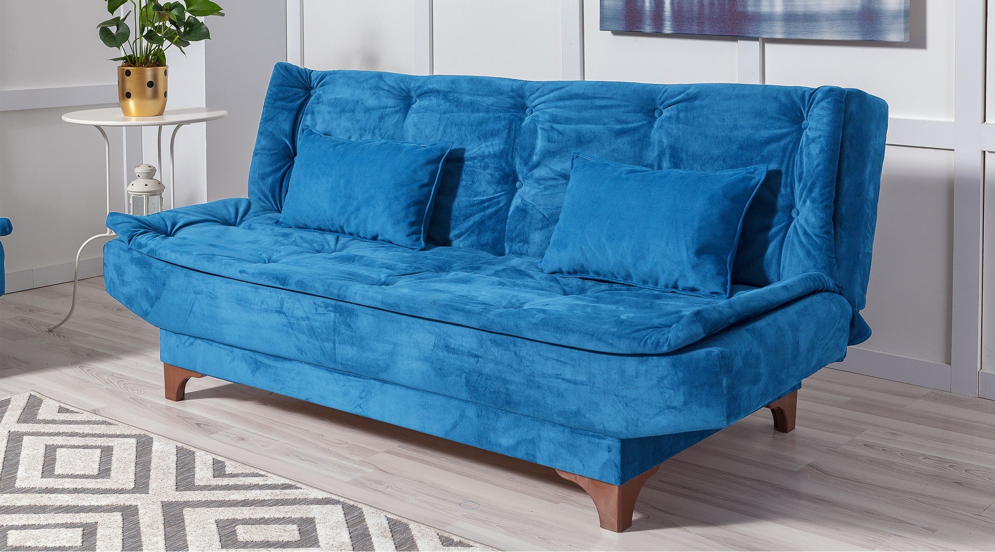 Sofá-cama elegante de 3 lugares, azul, 190 x 85 x 90 cm | Estrutura em madeira de pinho, tecido 100% Soho, espuma 28 DNS | Perfeito para salas de estar modernas e quartos de hóspedes