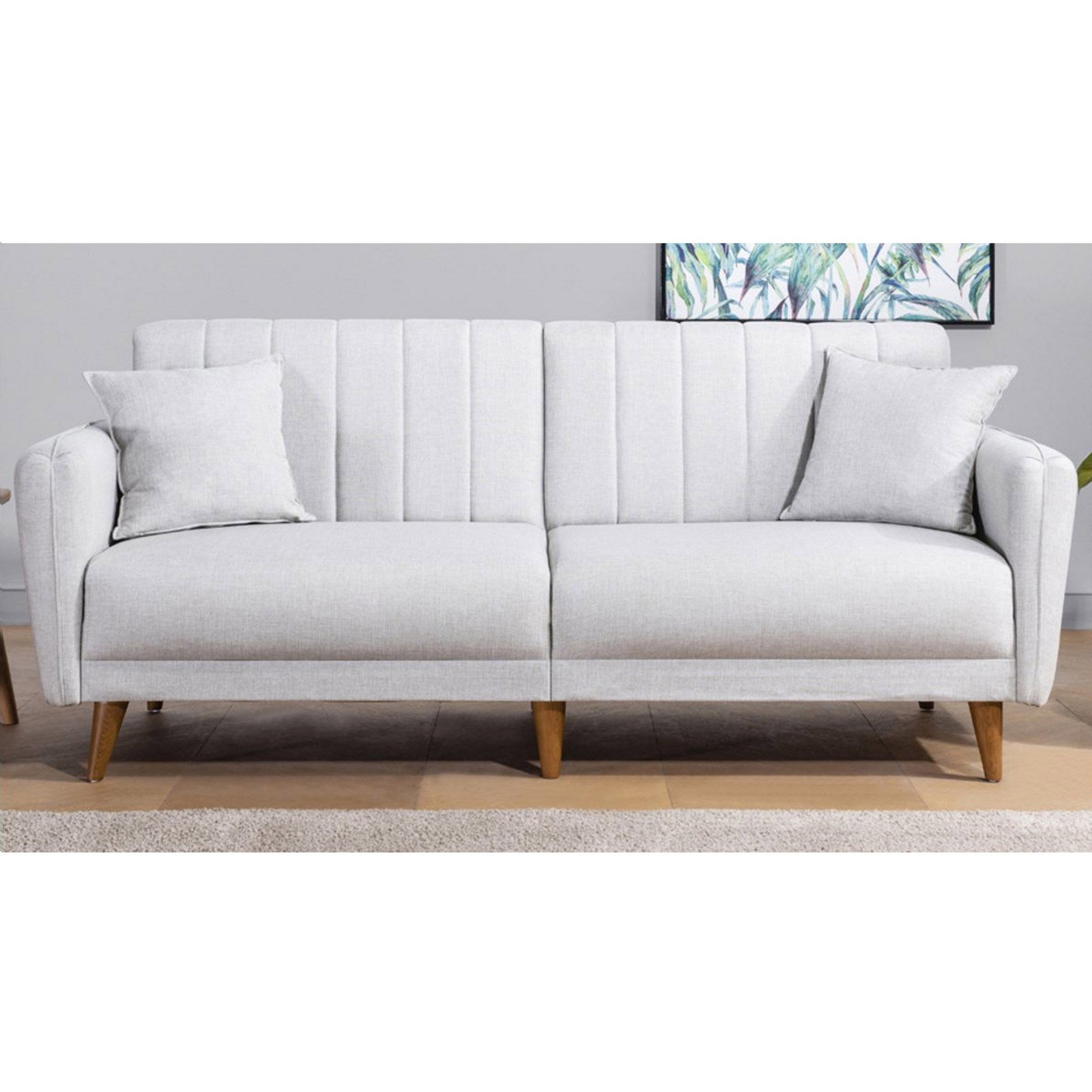 Sofá-cama moderno de 3 lugares, linho creme, 205 x 85 x 85 cm | Estrutura em madeira de carpa e metal, espuma 28 DNS | Design escandinavo elegante para conforto e versatilidade