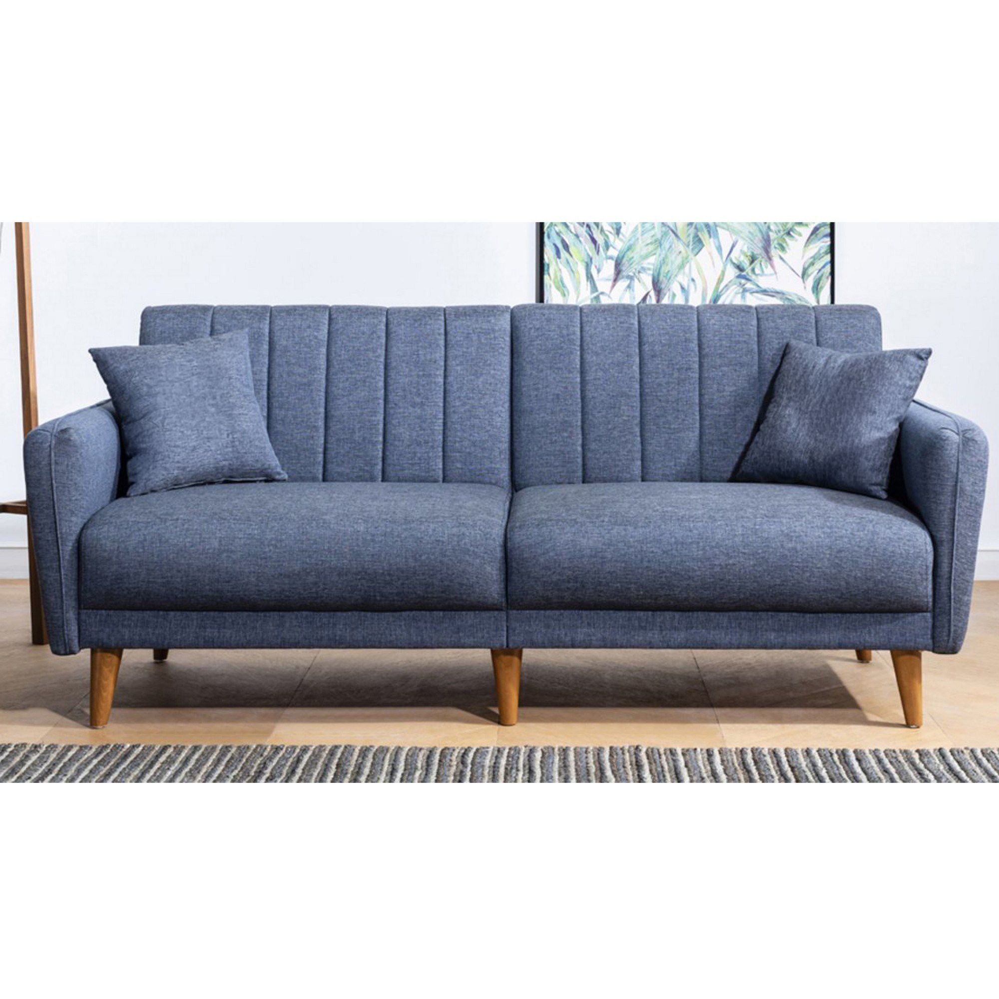Sofá-cama moderno de 3 lugares, linho azul-escuro, 205 x 85 x 85 cm | Estrutura de madeira e metal de carpa, espuma 28 DNS | Design escandinavo elegante para conforto e versatilidade