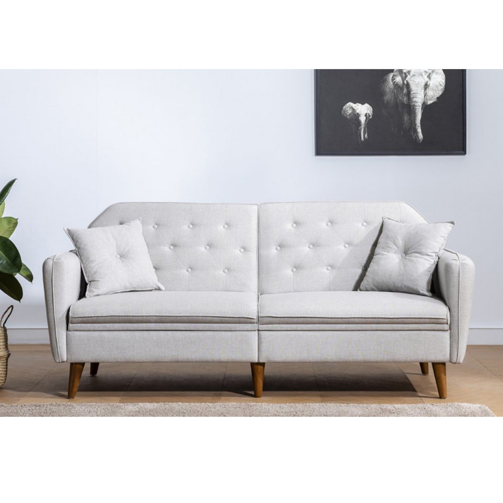 Sofá-cama moderno de 3 lugares, linho creme, 202 x 83 x 82 cm | Estrutura de madeira e metal de carpa, espuma 28 DNS | Elegante e funcional para casa e hotel
